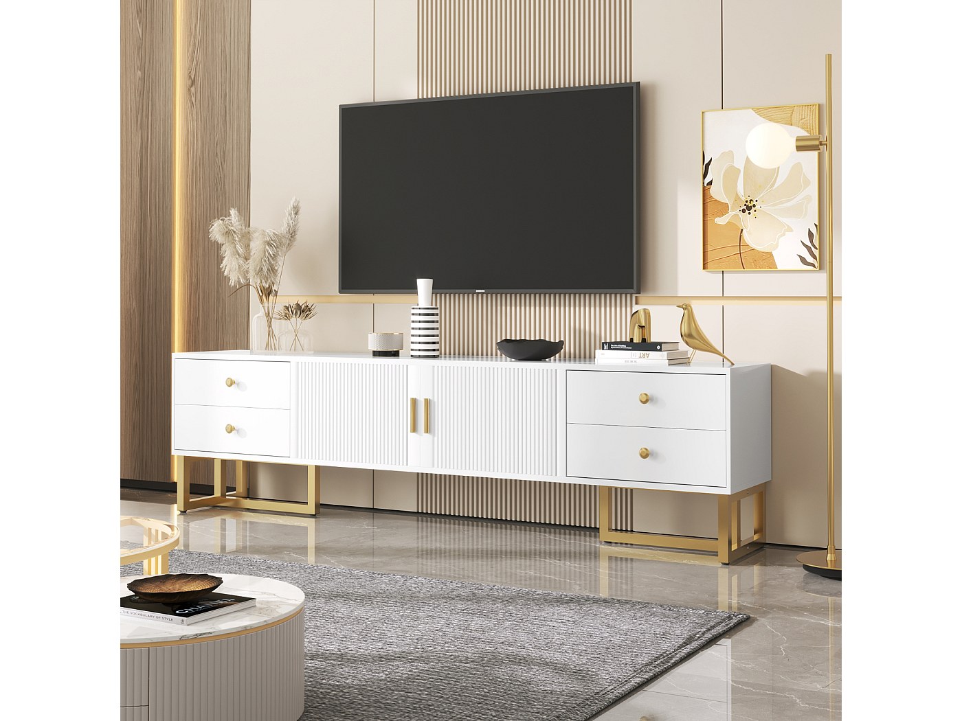 Meuble TV Blanc Bas Avec Portes - Grand Rangement - Design Moderne - éclairage LED Intégré - Facile à Monter - 5