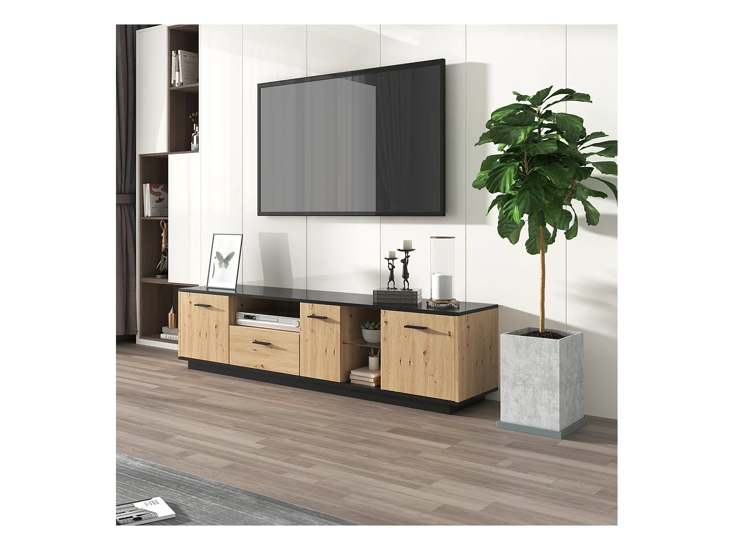Mueble TV color negro y madera natural, con 3 puertas, 2 compartimentos abiertos y 1 cajón, con LED