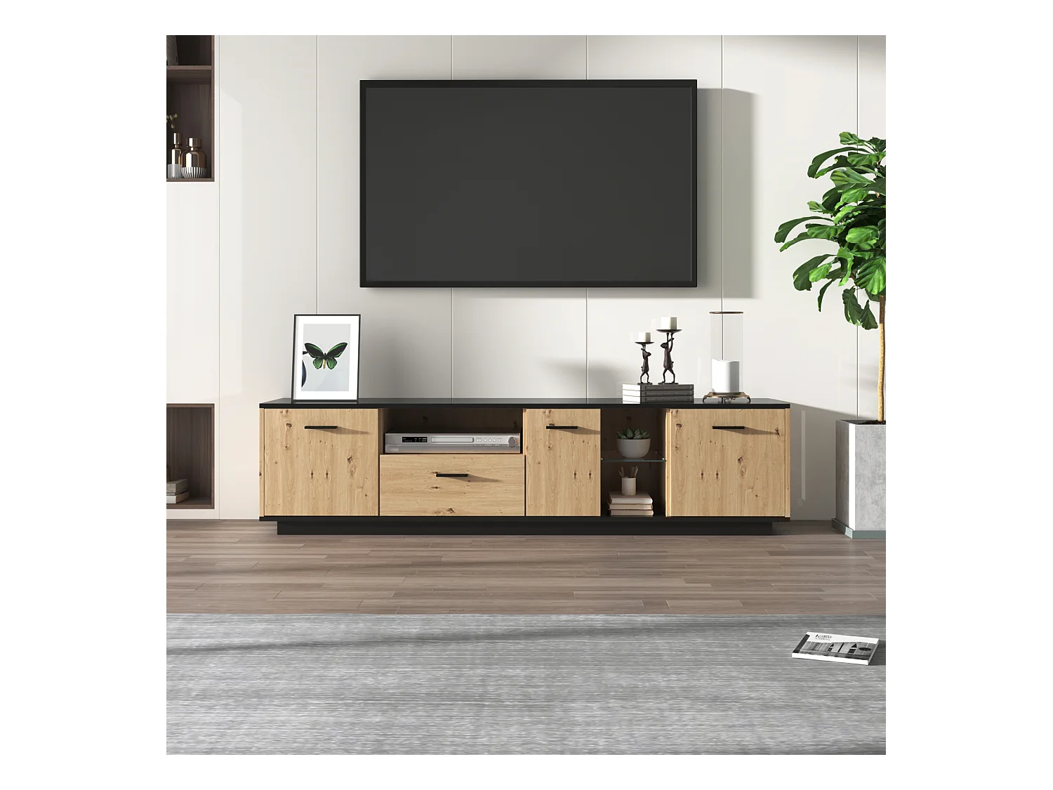 Mueble TV color negro y madera natural, con 3 puertas, 2 compartimentos abiertos y 1 cajón, con LED