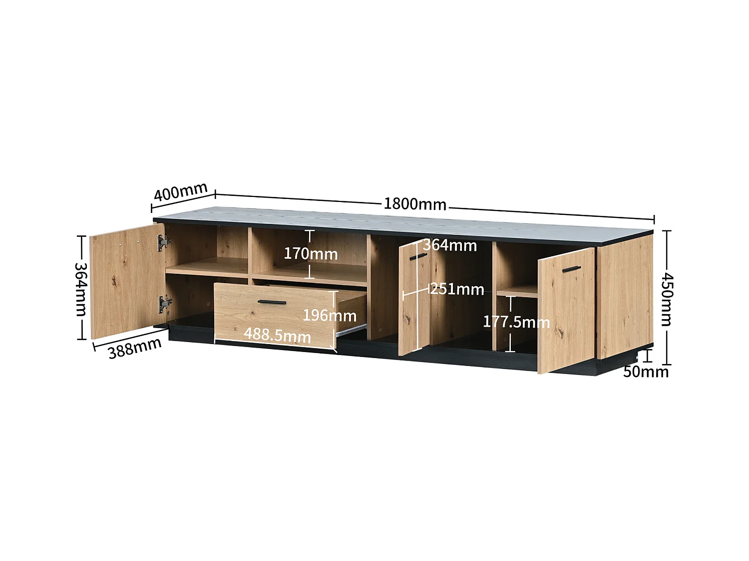 Mueble TV color negro y madera natural, con 3 puertas, 2 compartimentos abiertos y 1 cajón, con LED
