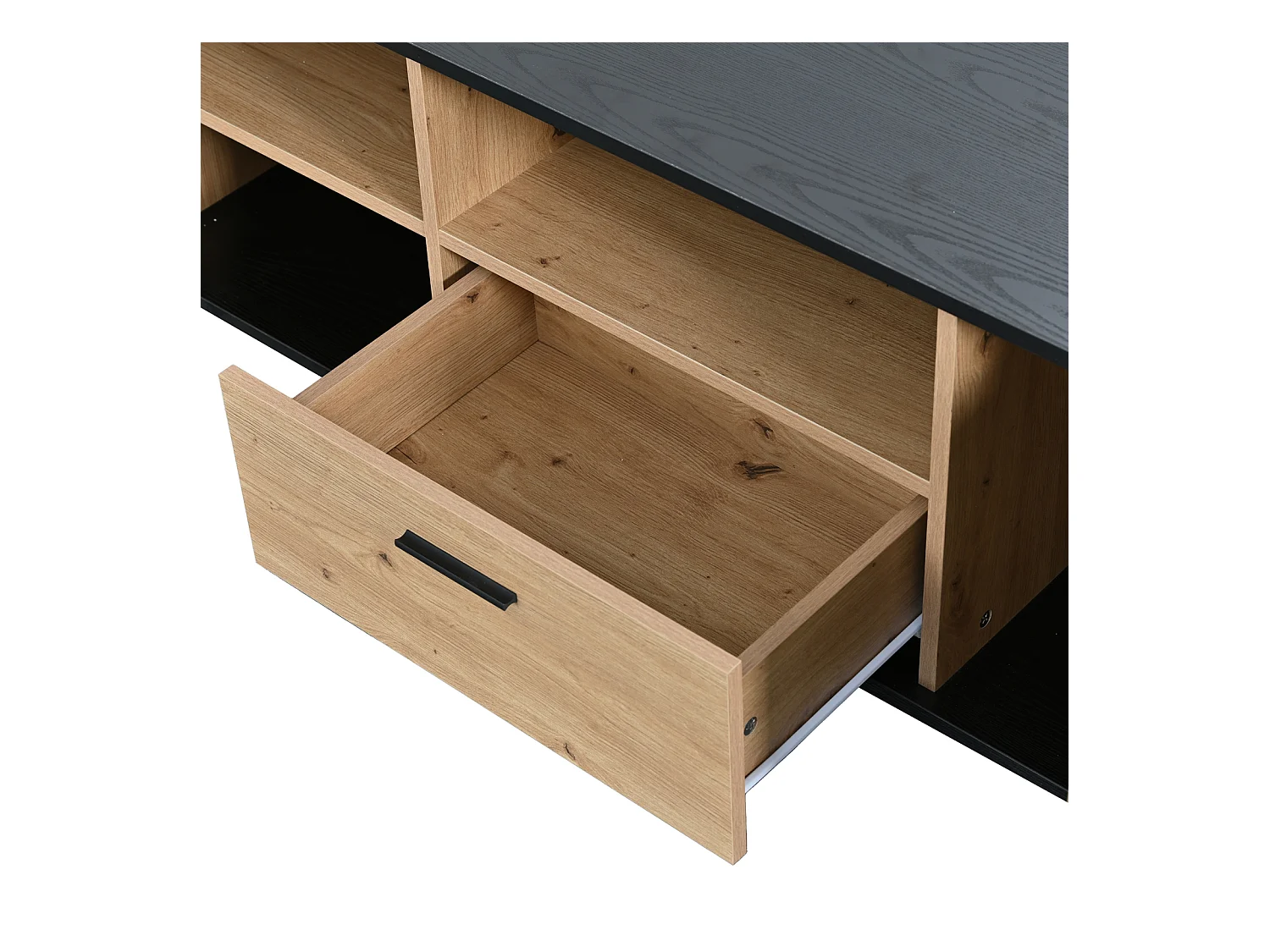 Mueble TV color negro y madera natural, con 3 puertas, 2 compartimentos abiertos y 1 cajón, con LED