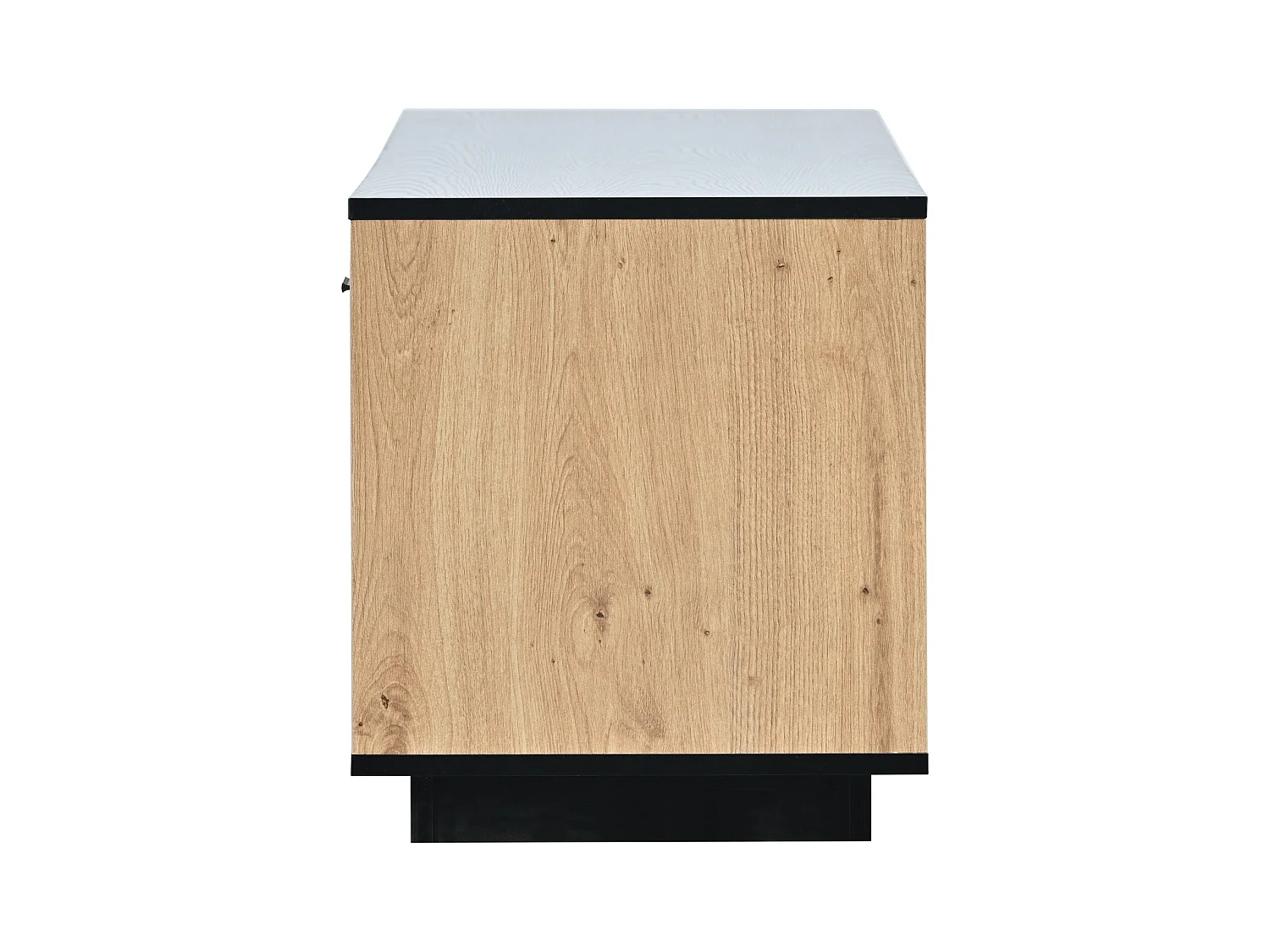 Mueble TV color negro y madera natural, con 3 puertas, 2 compartimentos abiertos y 1 cajón, con LED