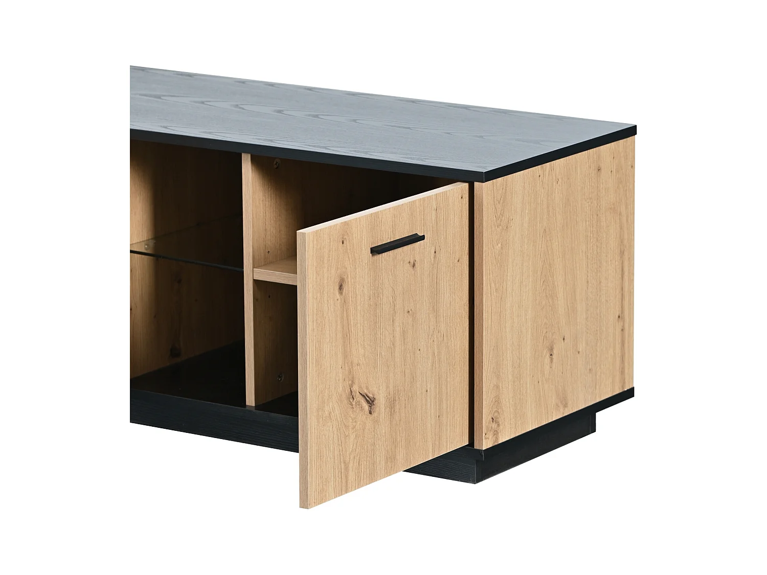 Mueble TV color negro y madera natural, con 3 puertas, 2 compartimentos abiertos y 1 cajón, con LED