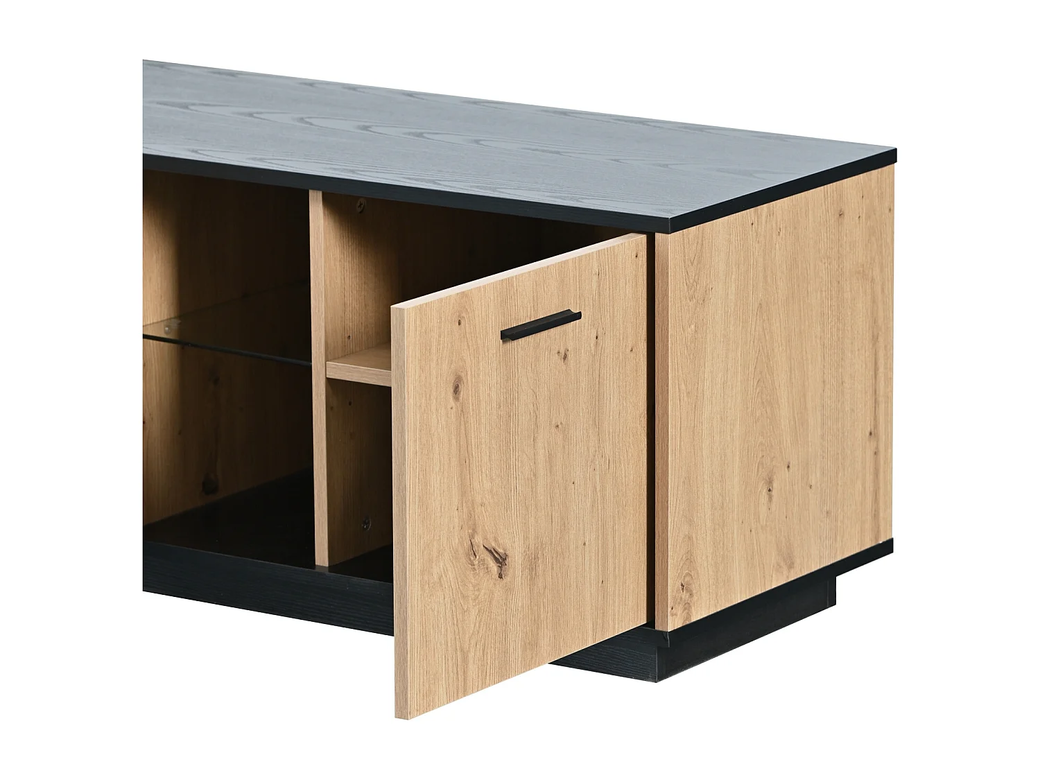 Meuble TV noir et couleur bois naturel, avec 3 portes, 2 compartiments ouverts et 1 tiroir, avec LED