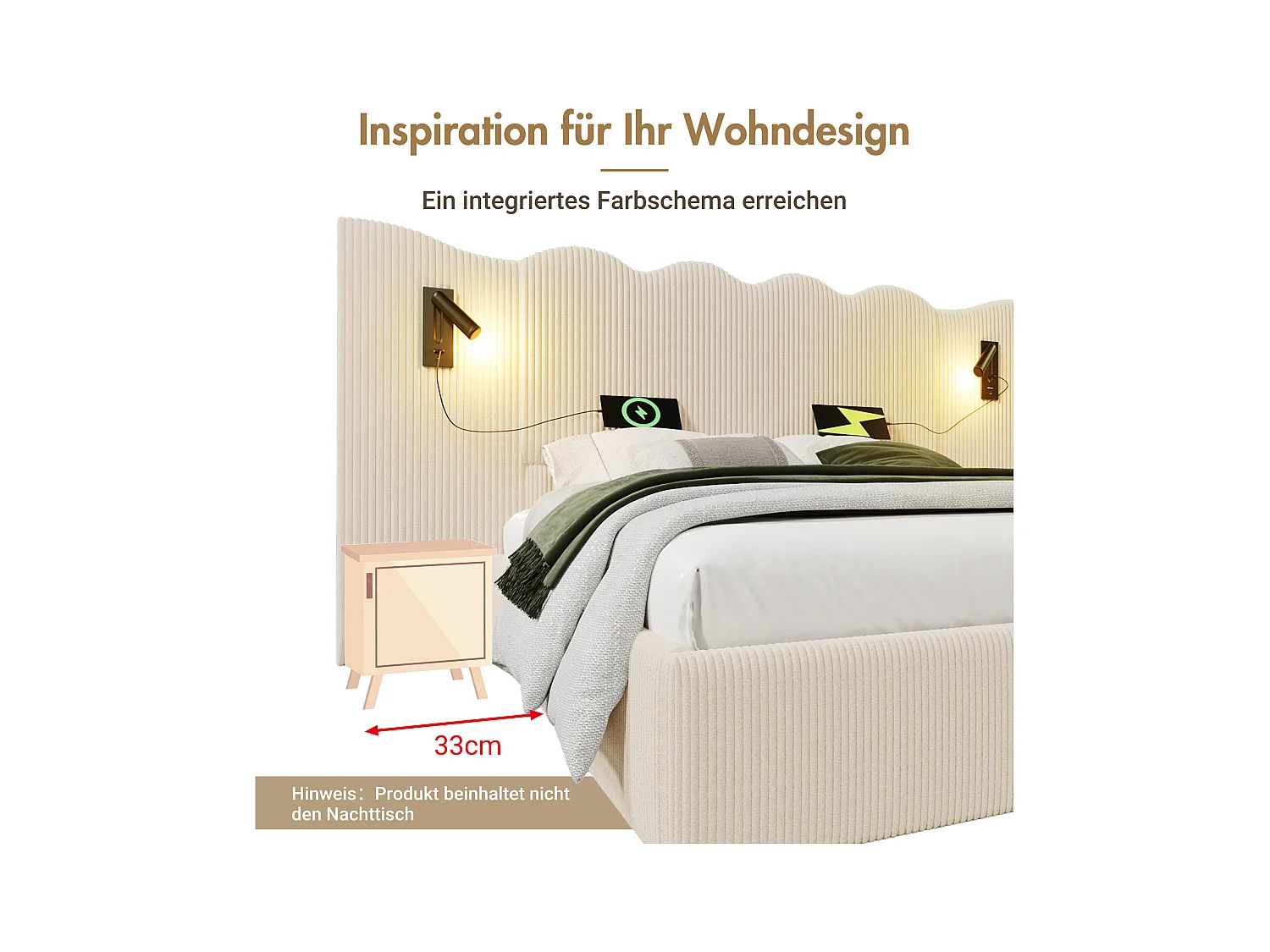 Gepolstertes Doppelbett 180 x 200 cm, Leselampe und USB-C-Ladefunktion