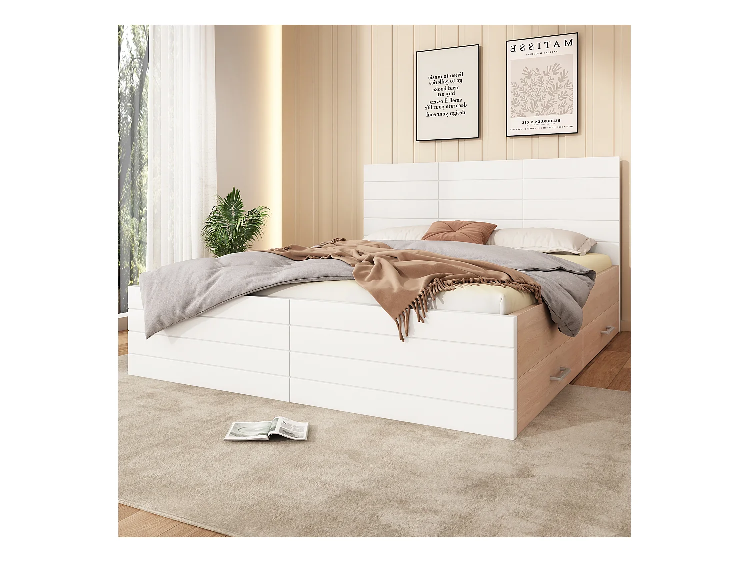 Holzdoppelbett 160 x 200 cm mit 2 Schubladen, modernes Bett mit Bettrahmen