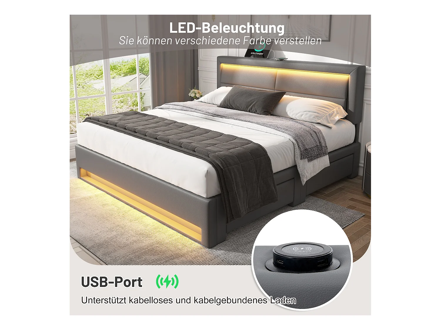 Gepolstertes Bett 140 x 190 cm mit USB-Anschluss (kabelloses und kabelgebundenes Laden möglich)