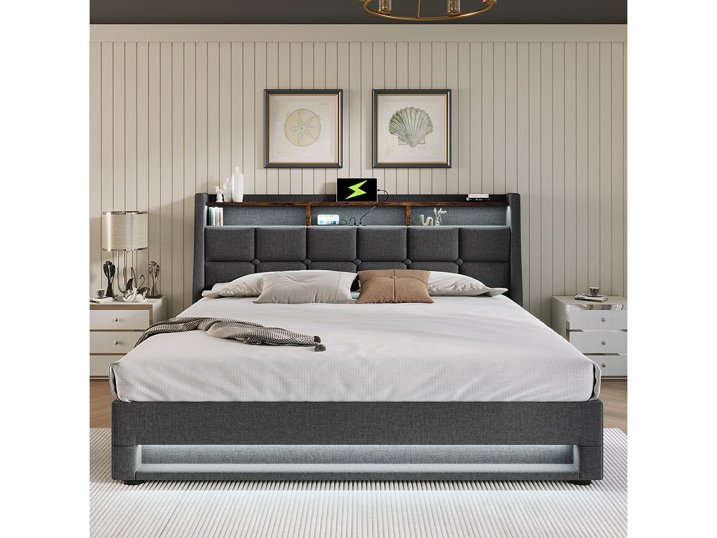 Aunvla Letto imbottito con USB 160 x 200 cm, letto matrimoniale a LED con rete a doghe in metallo, struttura in lino, letto per ragazzi (senza materasso