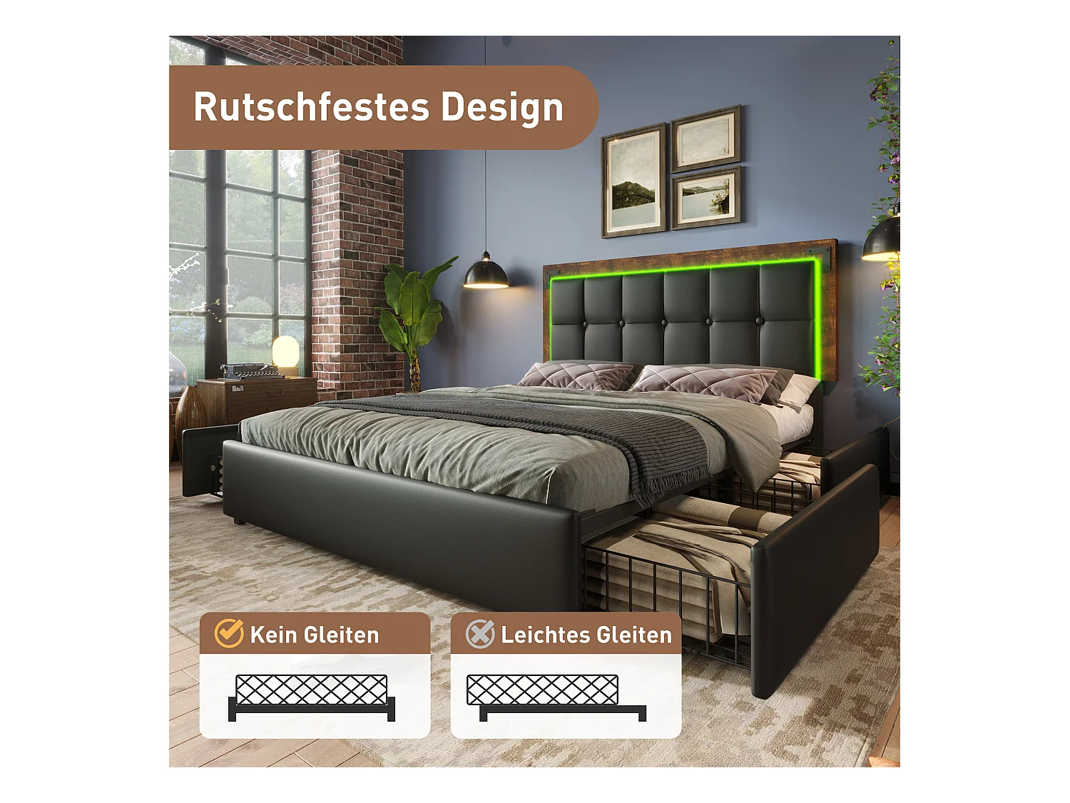 Bettrahmen mit LED-Beleuchtung und 4 Schubladen, gepolstertes Doppelbett 160×200 cm