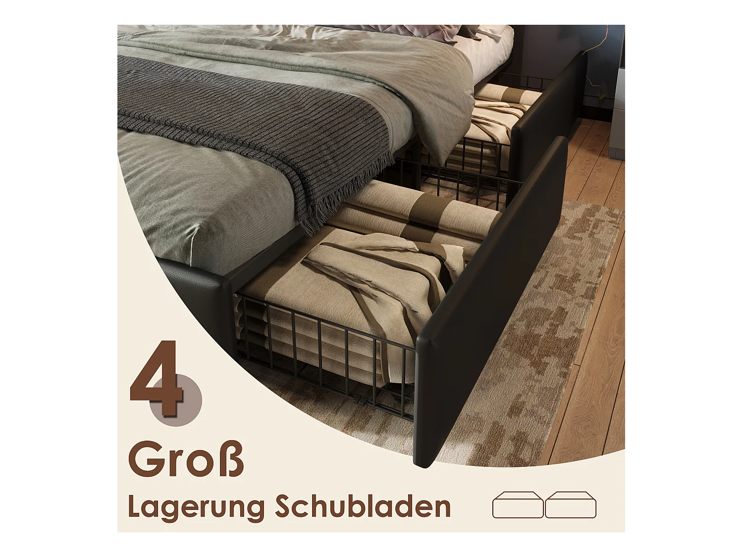 Bettrahmen mit LED-Beleuchtung und 4 Schubladen, gepolstertes Doppelbett 160×200 cm