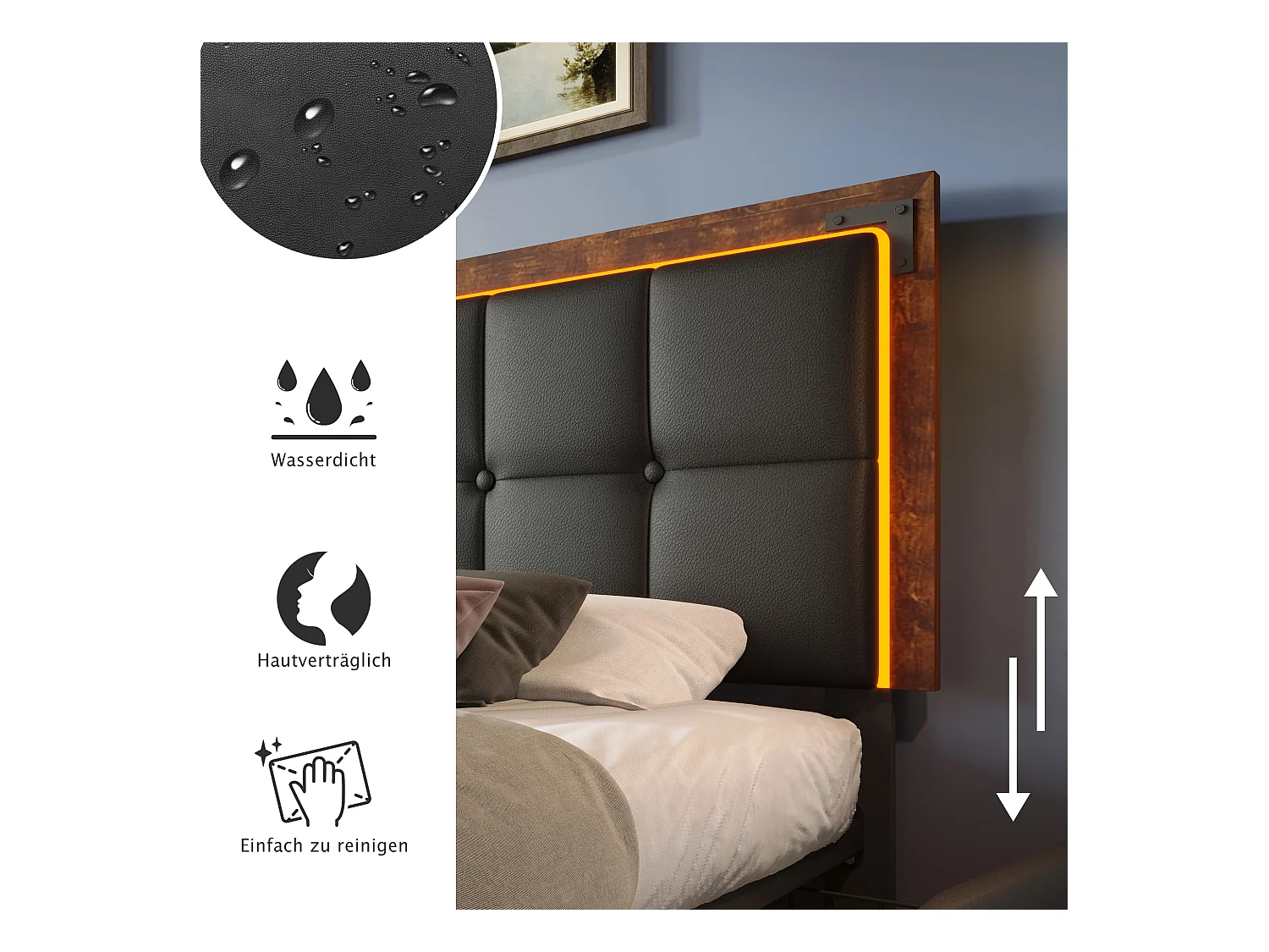 Bettrahmen mit LED-Beleuchtung und 4 Schubladen, gepolstertes Doppelbett 160×200 cm
