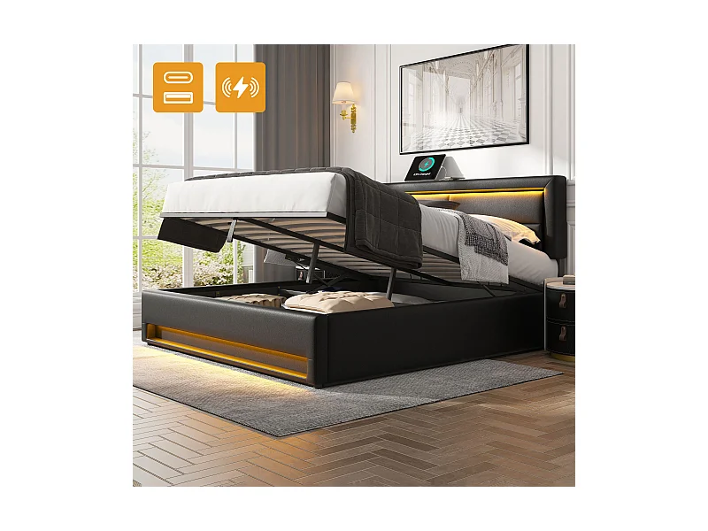 Polsterbett 140 x 190 cm, USB-Anschluss und LED-Beleuchtung