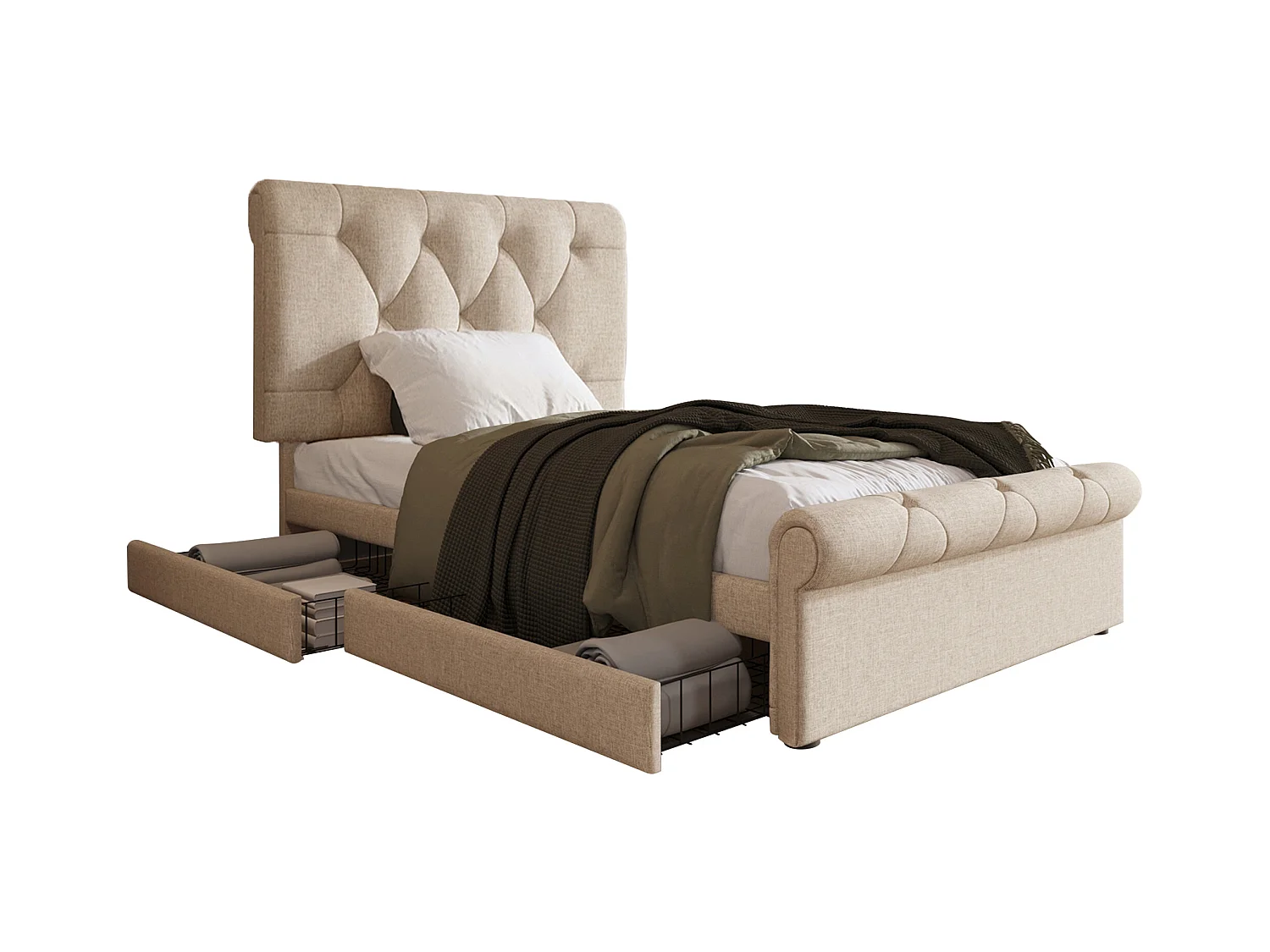 Cama de solteiro estofada 90x200cm,estrutura de cama com 2 gavetas