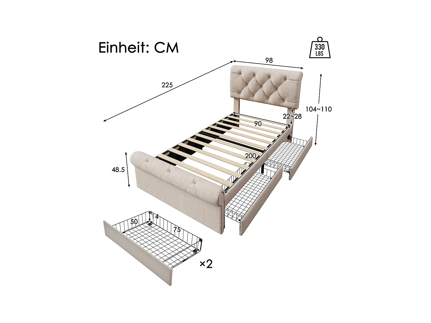 Cama de solteiro estofada 90x200cm,estrutura de cama com 2 gavetas