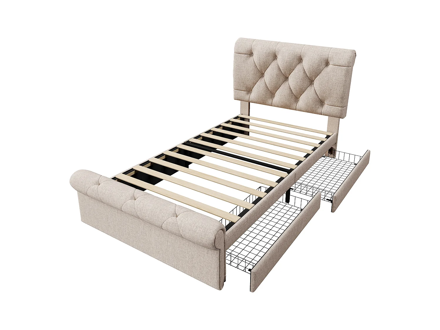 Cama de solteiro estofada 90x200cm,estrutura de cama com 2 gavetas