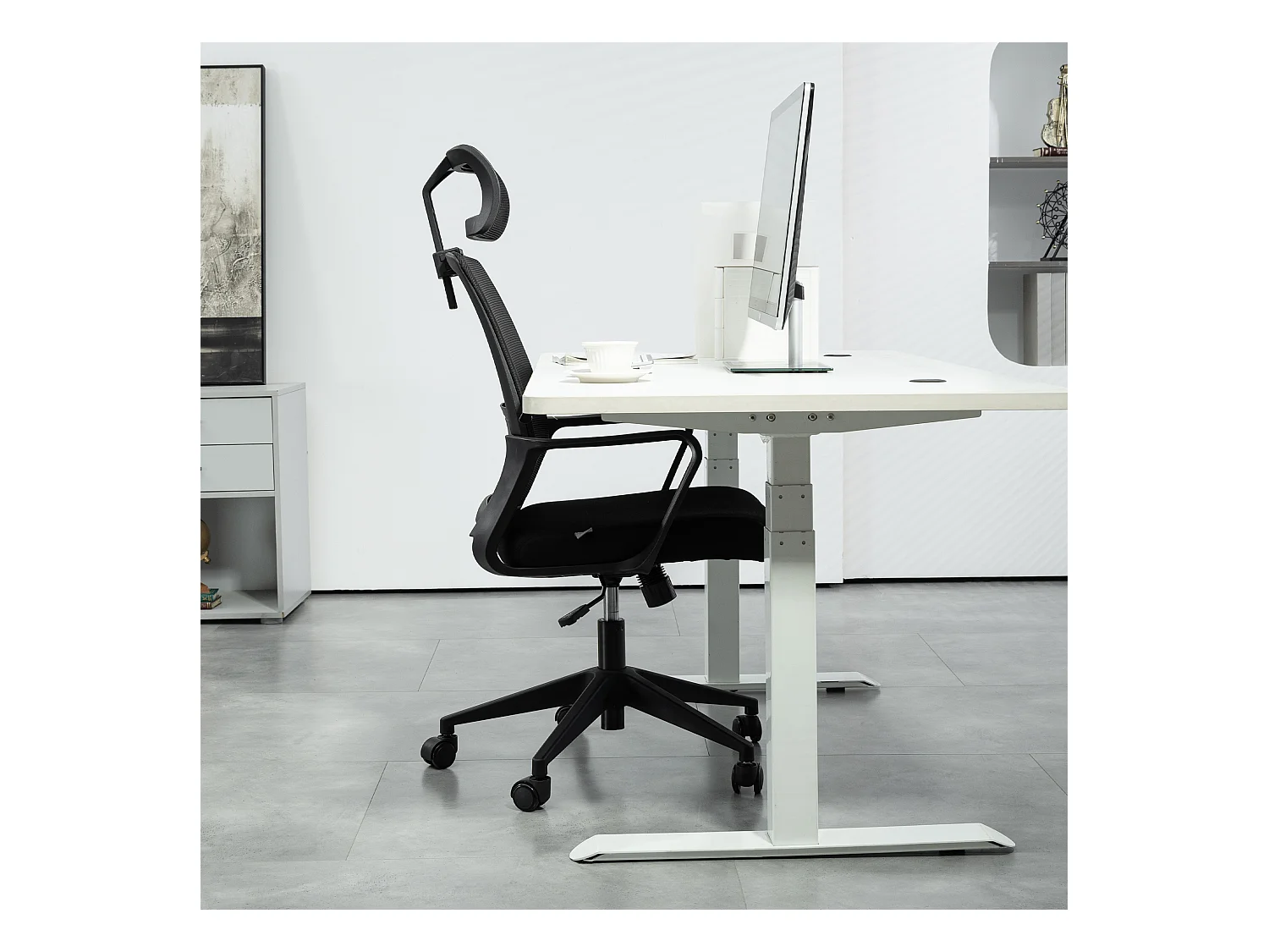 Ergonomische bureaustoel met armleuningen, verstelbare hoofdsteun, mesh stoel, zwart