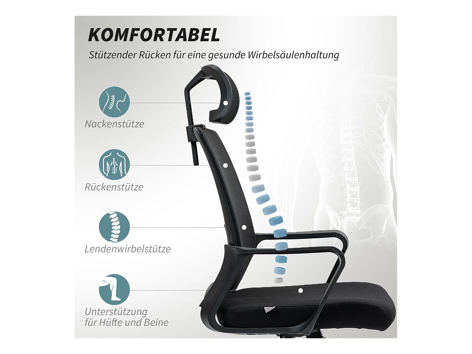 Ergonomische bureaustoel met armleuningen, verstelbare hoofdsteun, mesh stoel, zwart