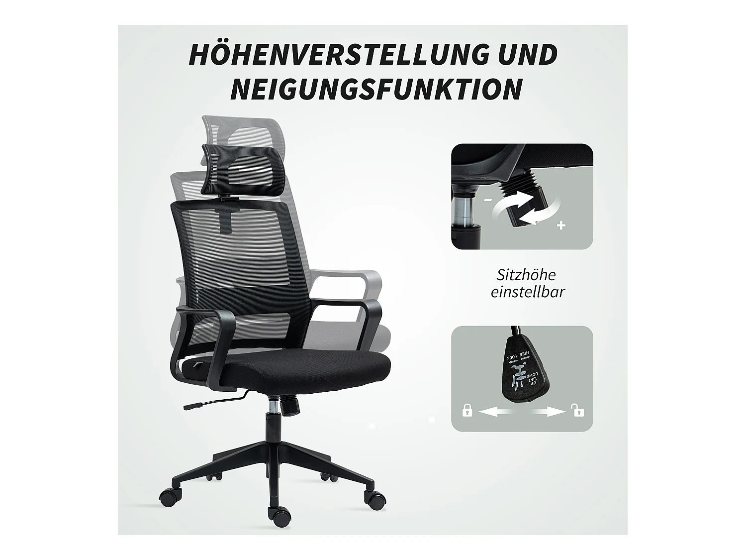 Ergonomische bureaustoel met armleuningen, verstelbare hoofdsteun, mesh stoel, zwart