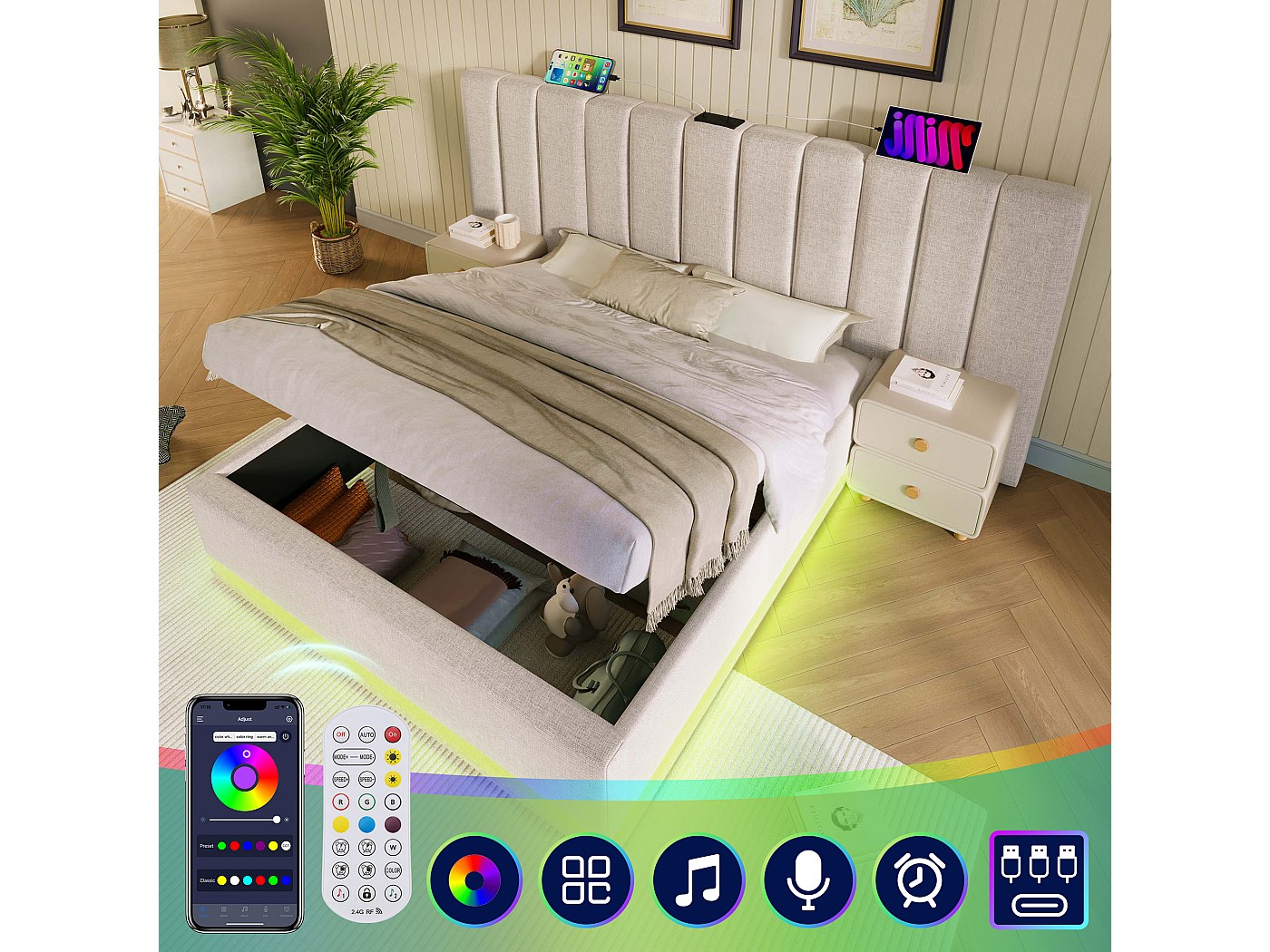 Tweepersoonsbed: Gestoffeerd Bed 140x200 Cm Zwart, Met Ledverlichting Hoofdbord Hydraulische Opbergruimte Verstelbare Bedbodem En Geintegreerd Laadstation
