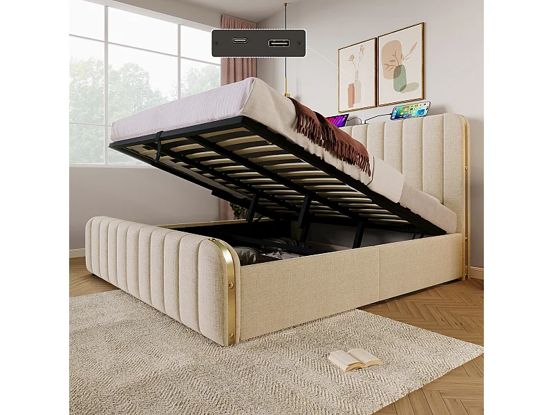 Tête de lit double rembourrée et fonction de charge USB Type-C 180*200 cm