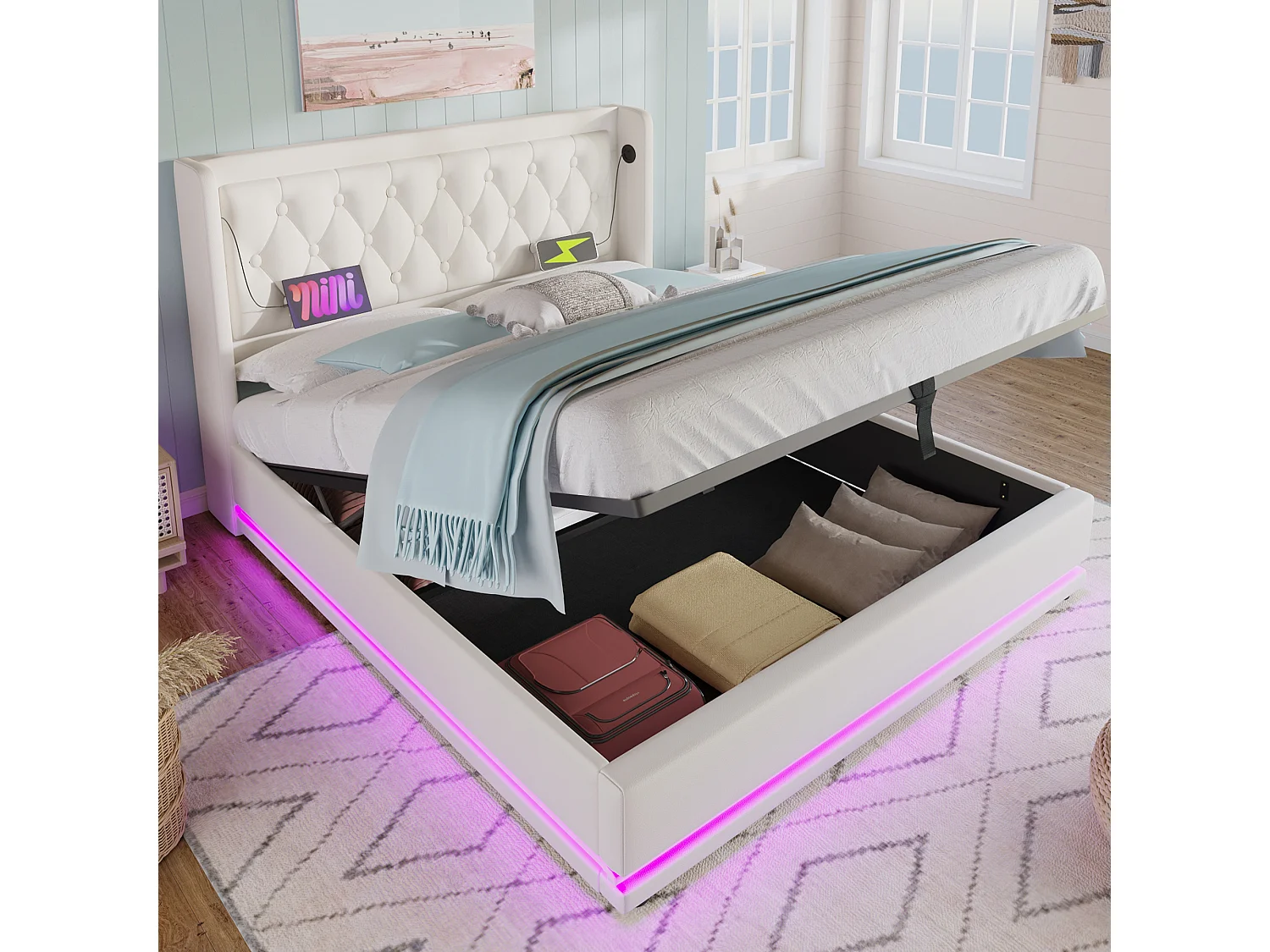 Cama de casal estofada 160 x 200 cm,material PU branco,cama com arrumação hidráulica