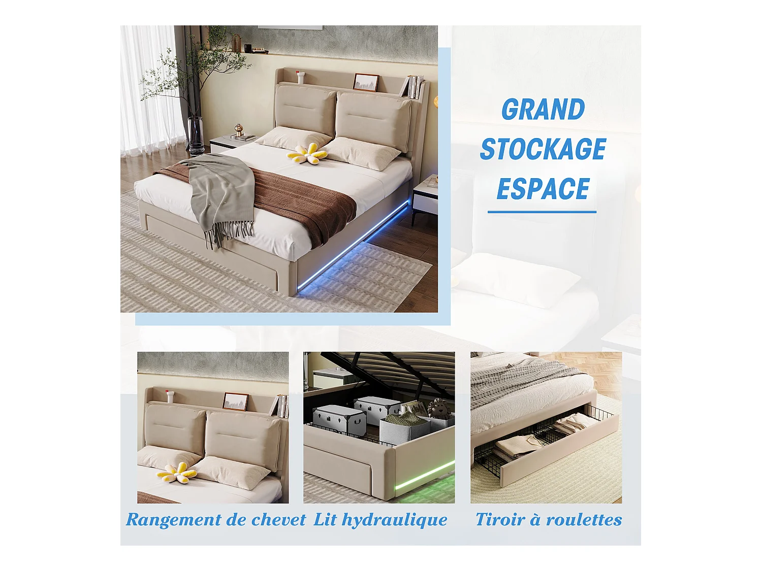 Lit capitonné lumineux LED, 140*190cm, tiroirs de rangement 2 en 1 en bout de lit