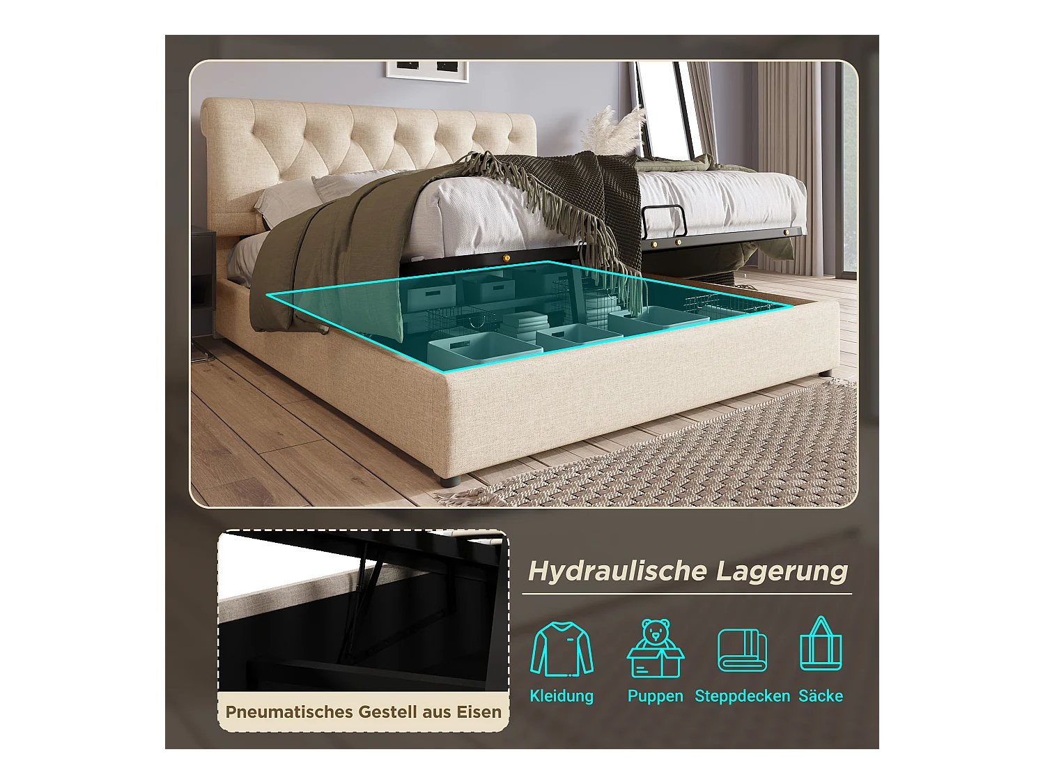 Lit double hydraulique rembourré 160x200cm,tête de lit réglable,lit avec sommier à lattes