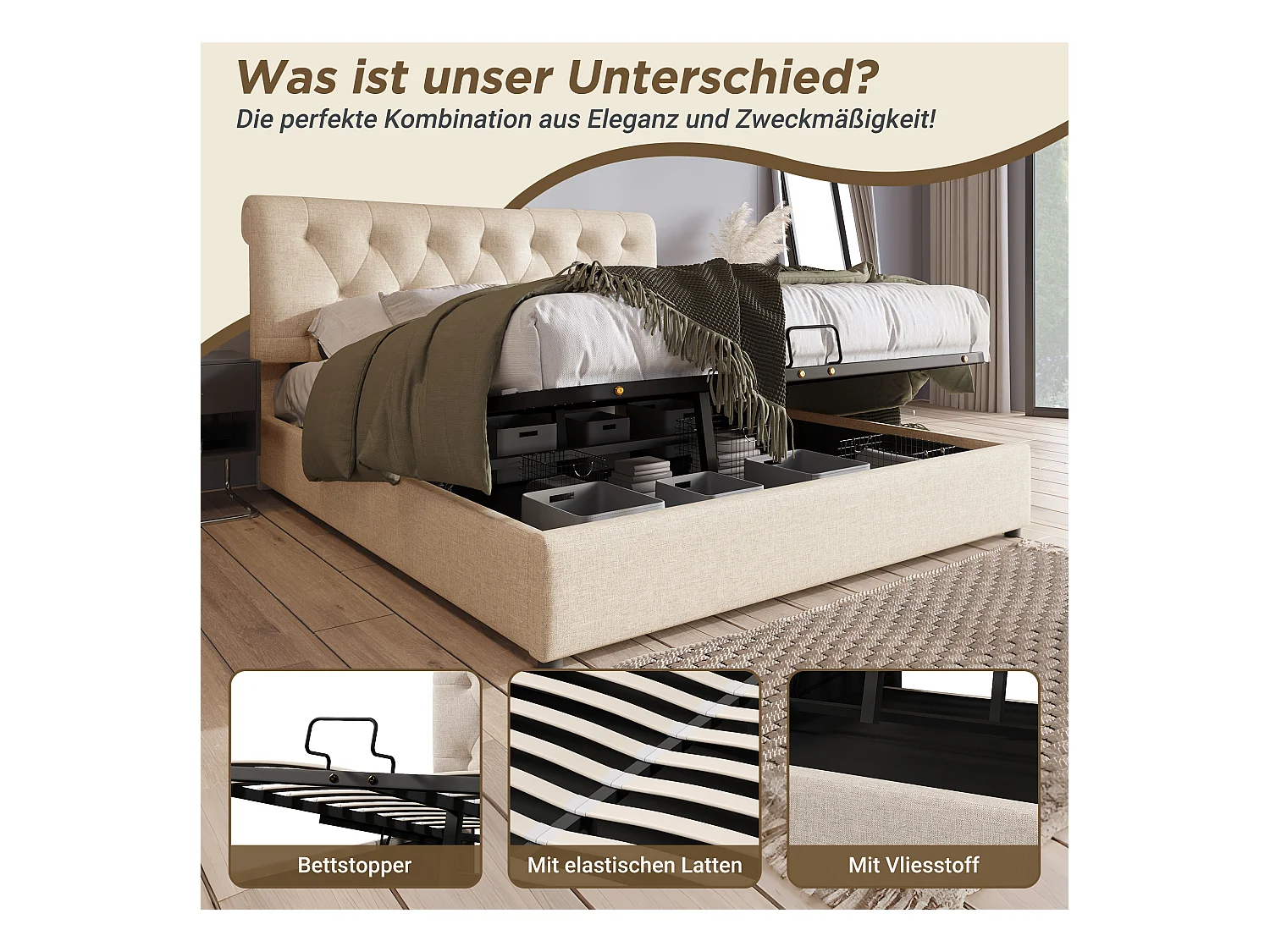 Lit double hydraulique rembourré 160x200cm,tête de lit réglable,lit avec sommier à lattes