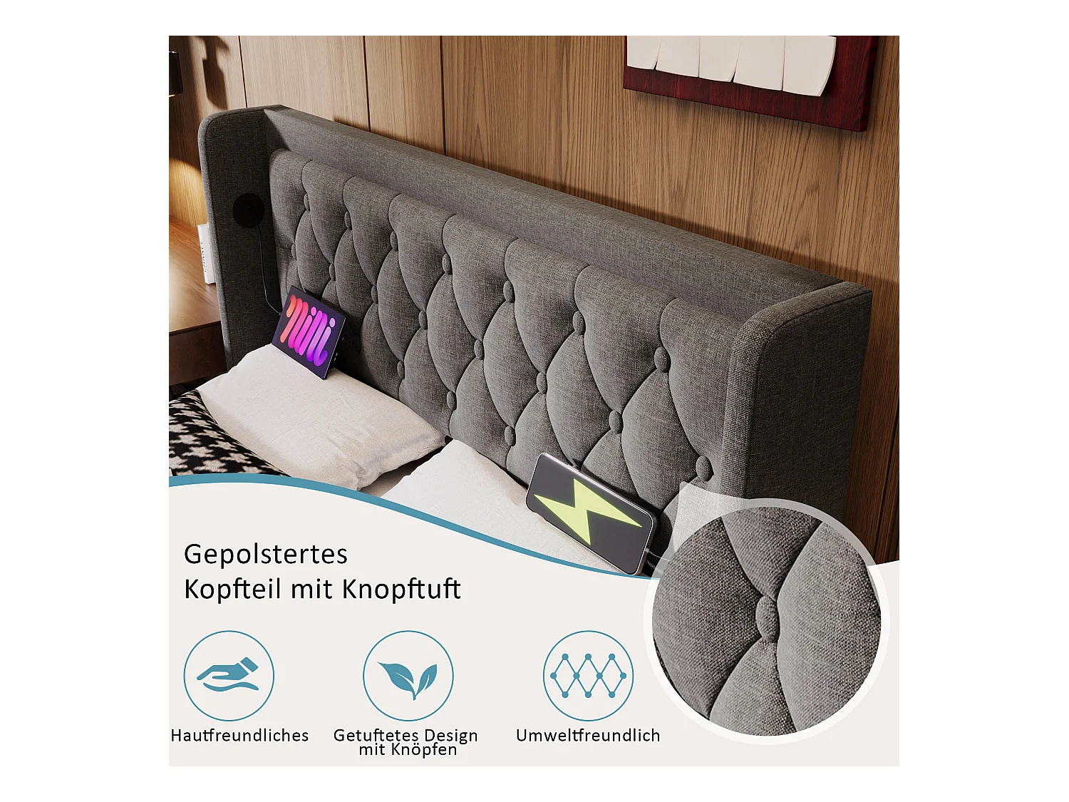 Gepolstertes Doppelbett 140×200 cm, grauer Baumwollstoff, mit Stauraumfunktion