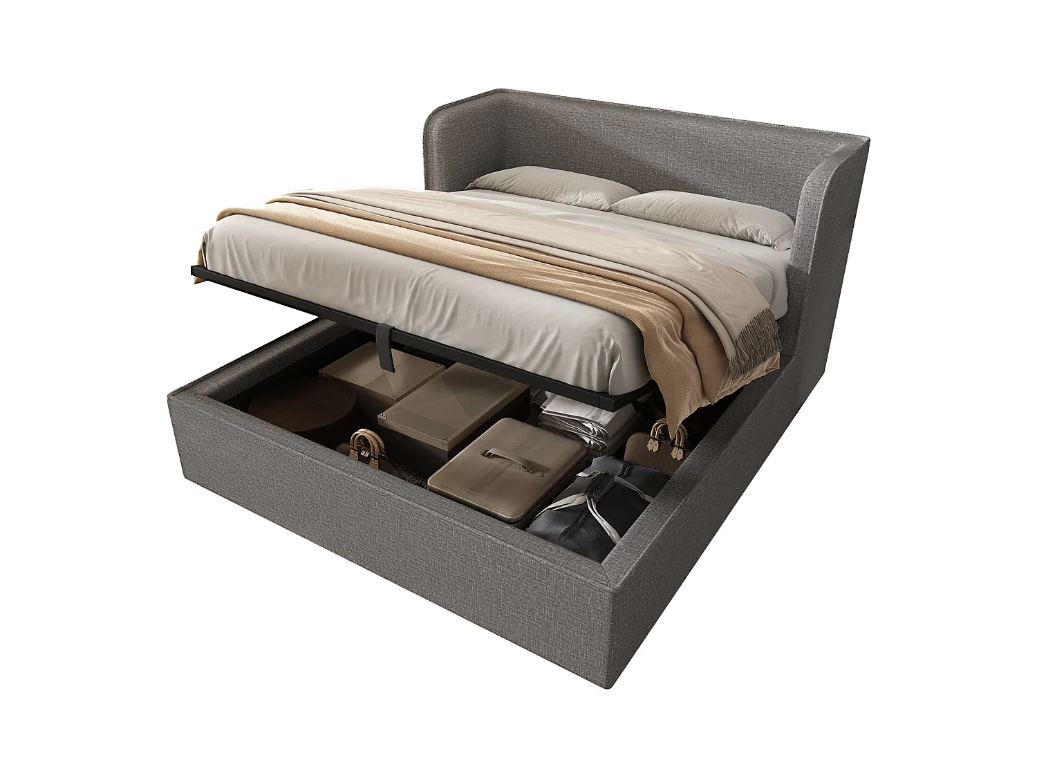 Gepolstertes Doppelbett 180×200 cm, Doppelbett mit Stauraumfunktion und breiten Seitenteilen