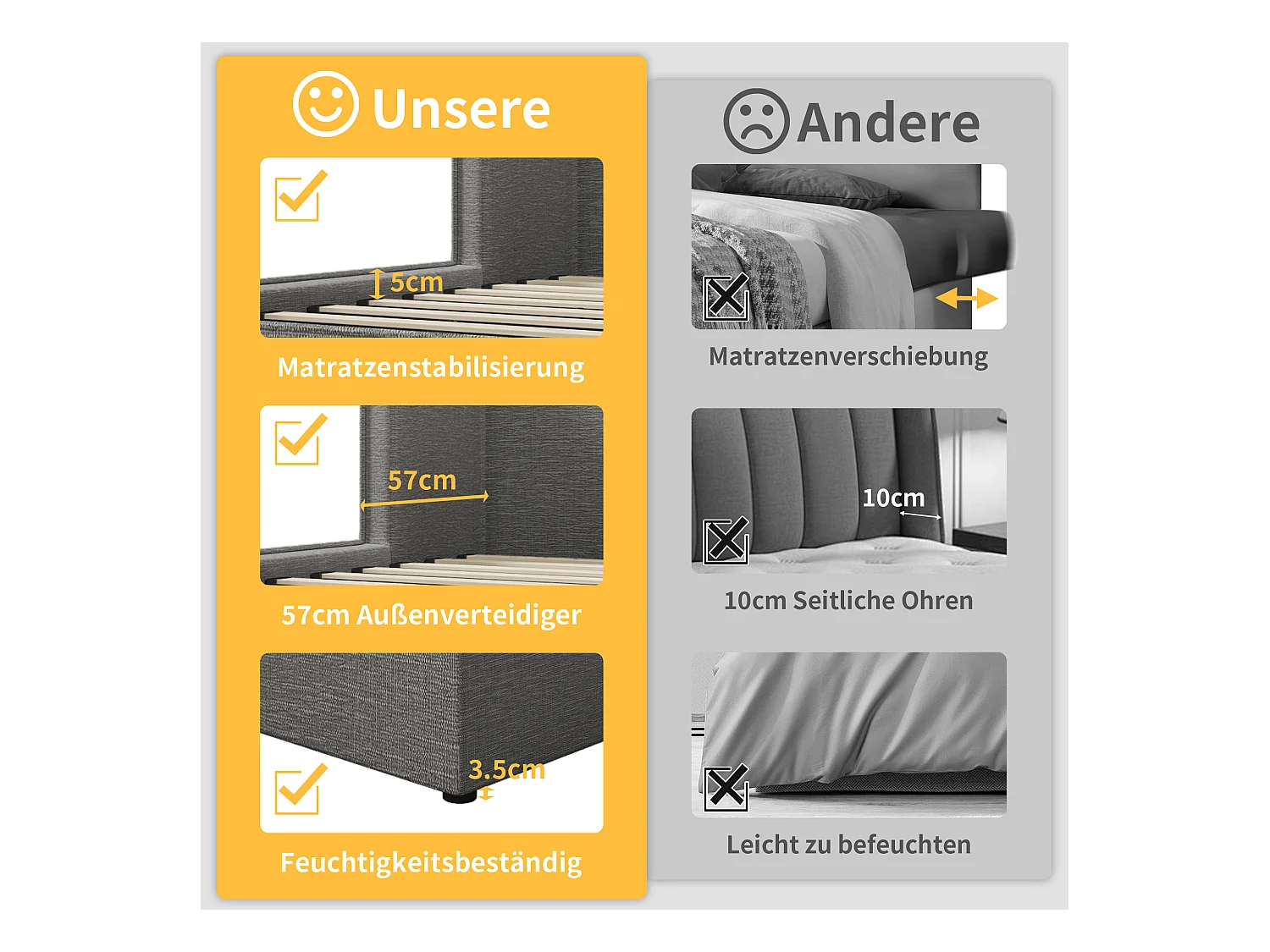 Gepolstertes Doppelbett 180×200 cm, Doppelbett mit Stauraumfunktion und breiten Seitenteilen