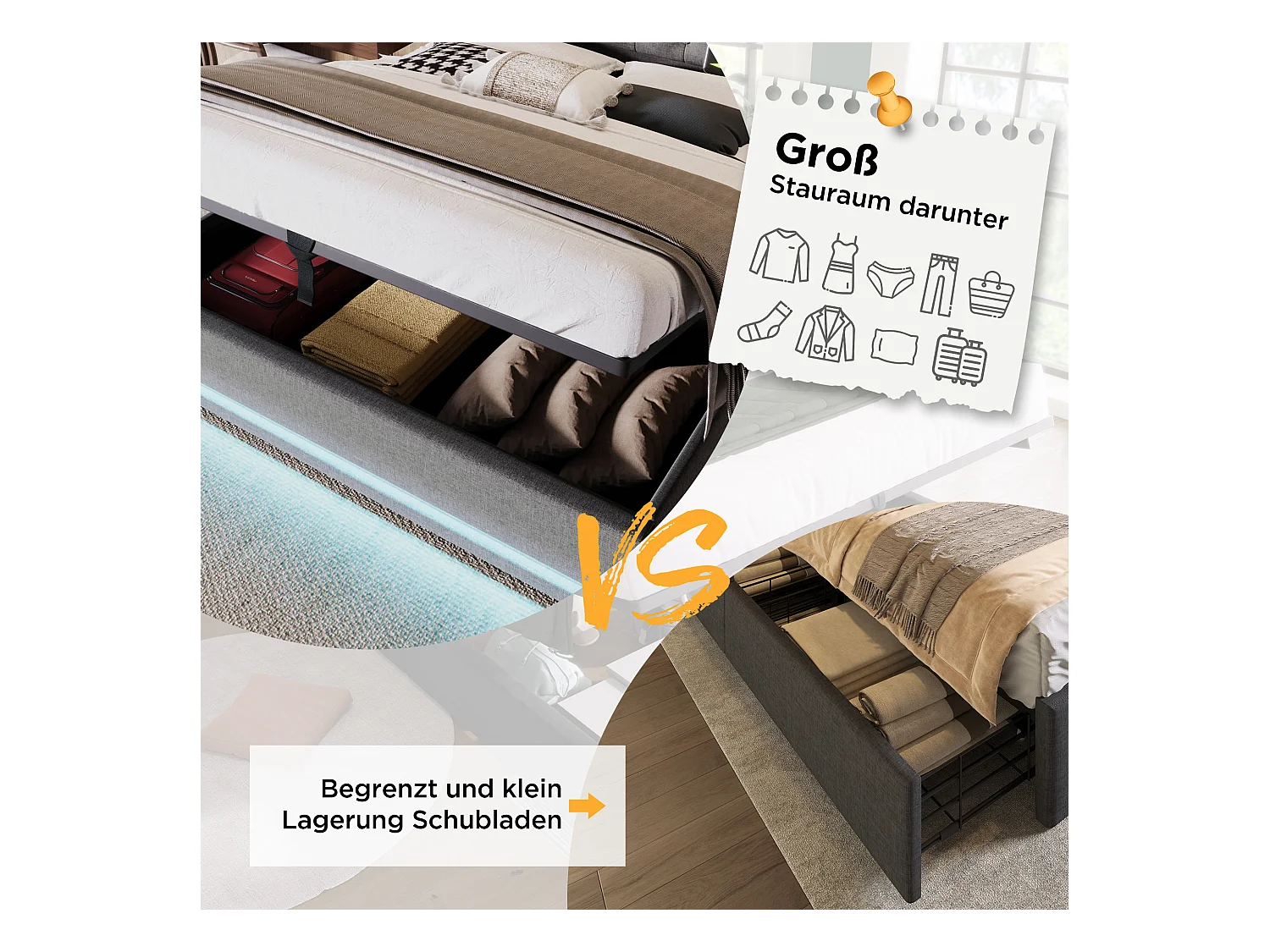 Gepolstertes Doppelbett 160×200 cm, grauer Baumwollstoff, mit Stauraumfunktion