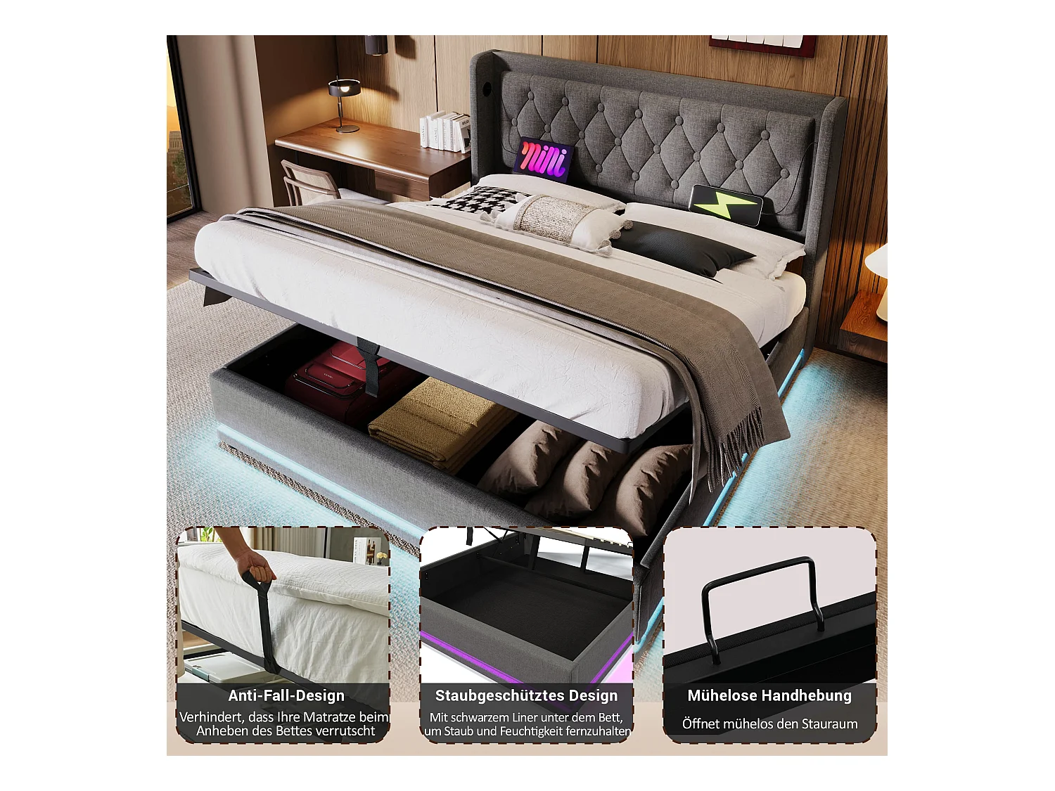 Gepolstertes Doppelbett 160×200 cm, grauer Baumwollstoff, mit Stauraumfunktion