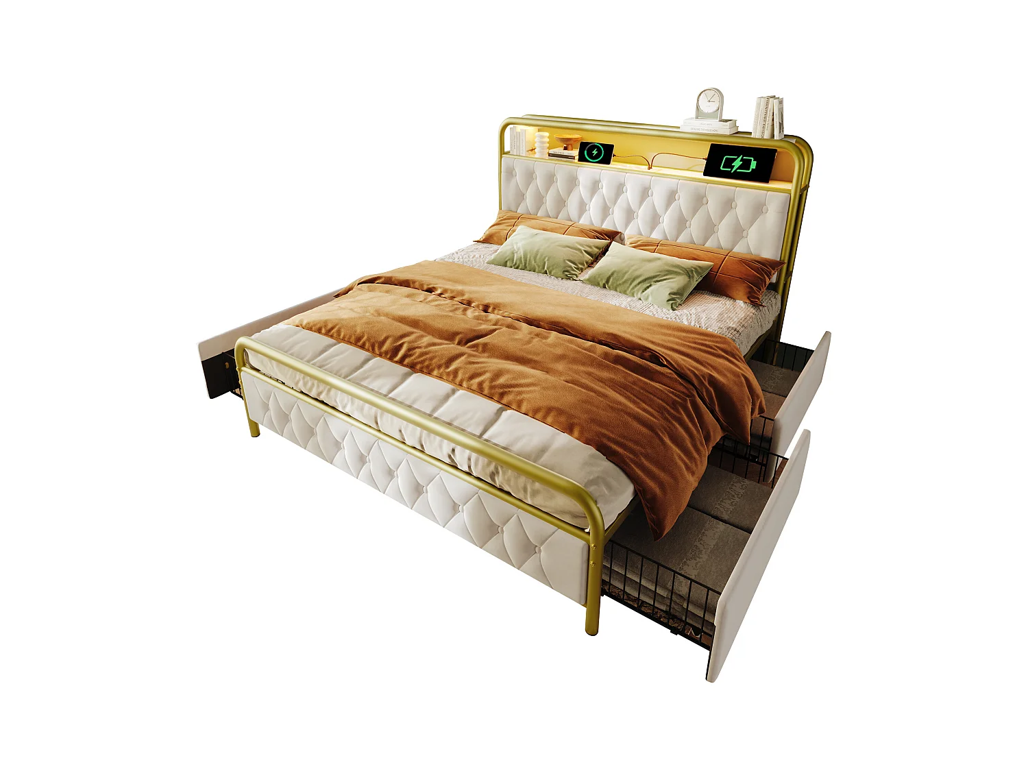 Gepolstertes Doppelbett mit USB-C-Ladefunktion. Metallbettrahmen 140 x 200 cm.