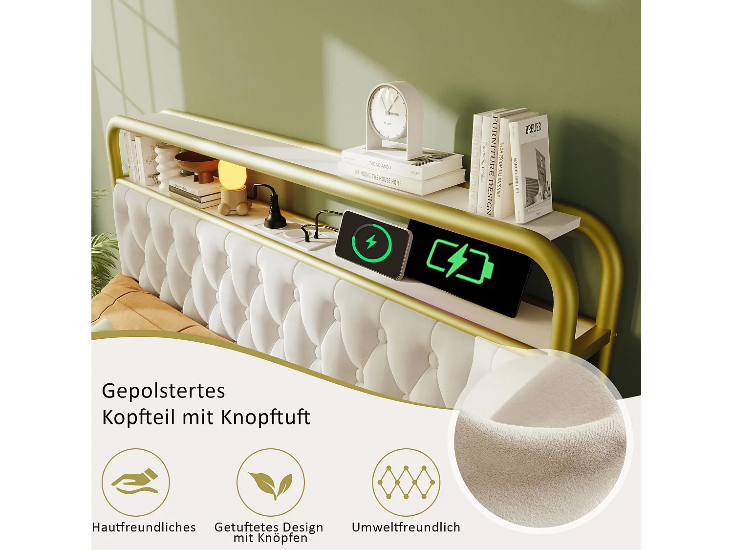 Lit double rembourré avec fonction de charge USB Type C Cadre de lit en métal 140×200cm