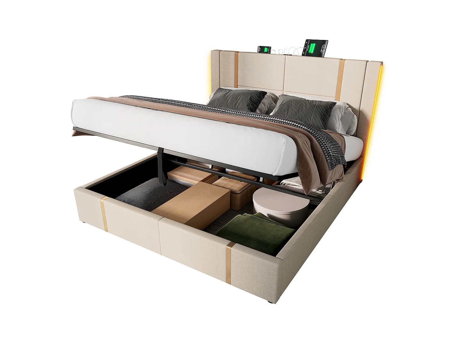 Lit double rembourré avec fonction de charge USB Type C, contrôle APP, LED, 140×200 cm