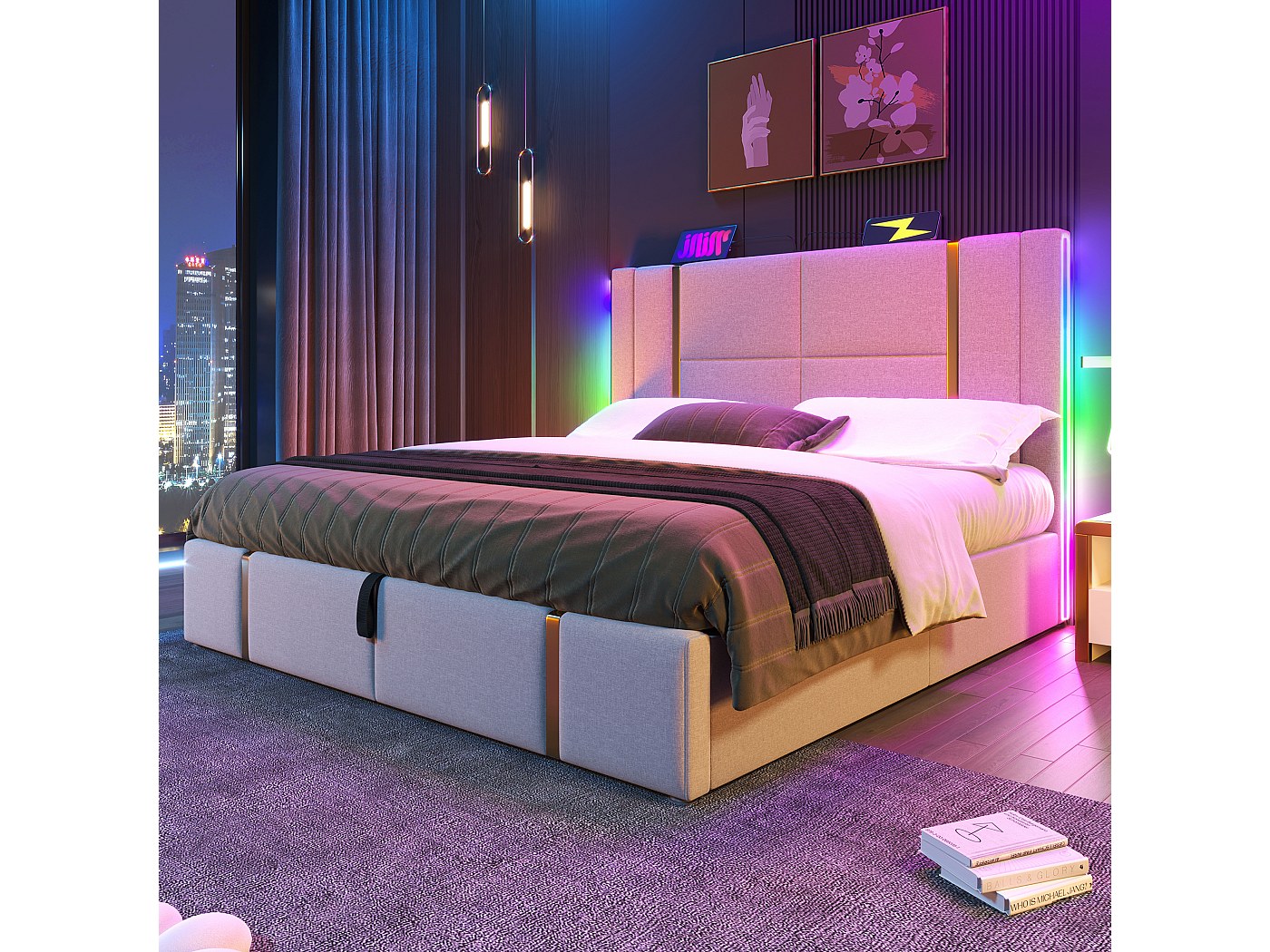 Cama Doble 140 X 200 Cm, Tapizada Con 4 Cajones Y LED, Somier De Láminas,  Lino, image size:1400x1050