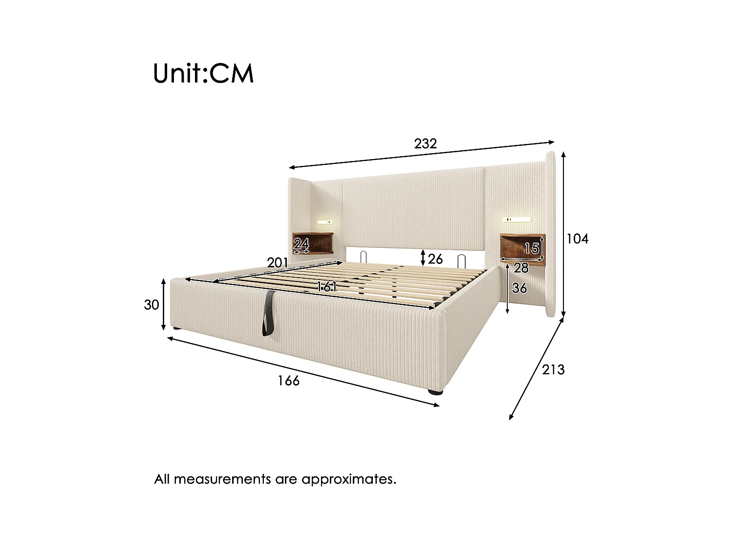Gepolstertes Doppelbett 160 x 200 cm mit Nachttisch, Lampe und USB-C-Ladefunktion