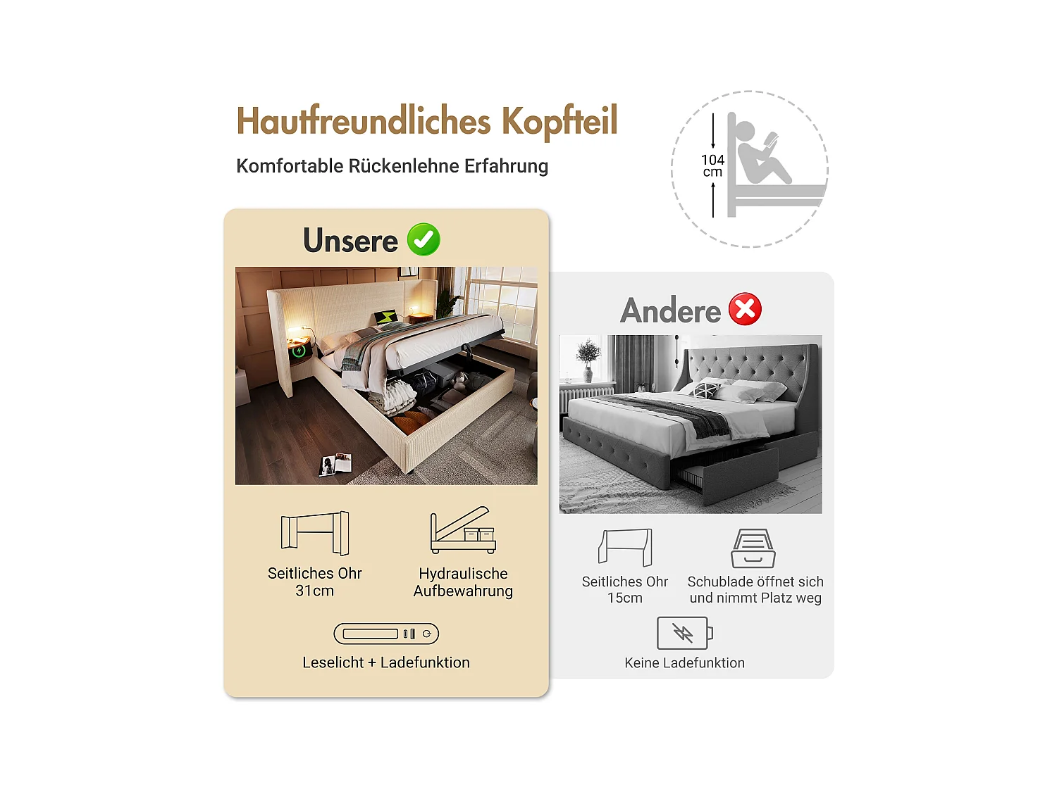 Gepolstertes Doppelbett 160 x 200 cm mit Nachttisch, Lampe und USB-C-Ladefunktion