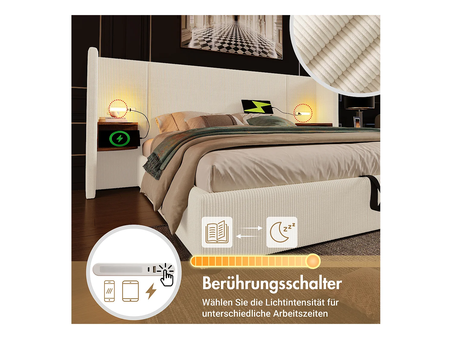 Gepolstertes Doppelbett 160 x 200 cm mit Nachttisch, Lampe und USB-C-Ladefunktion