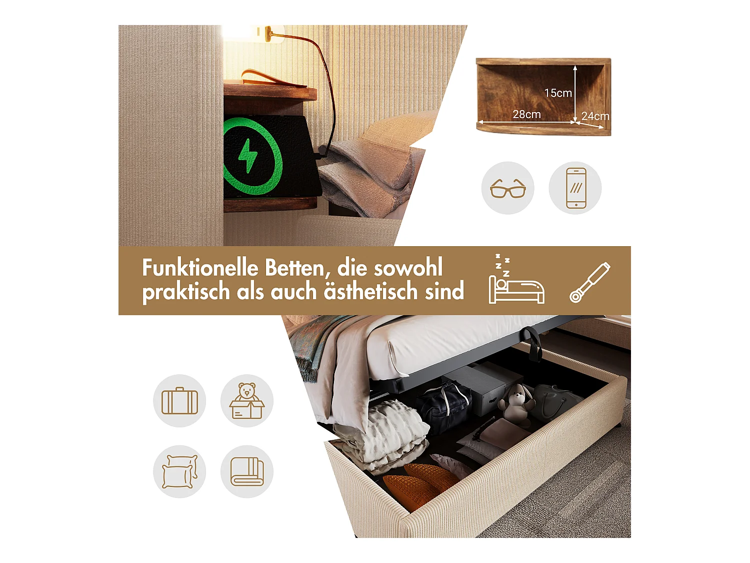 Gepolstertes Doppelbett 160 x 200 cm mit Nachttisch, Lampe und USB-C-Ladefunktion