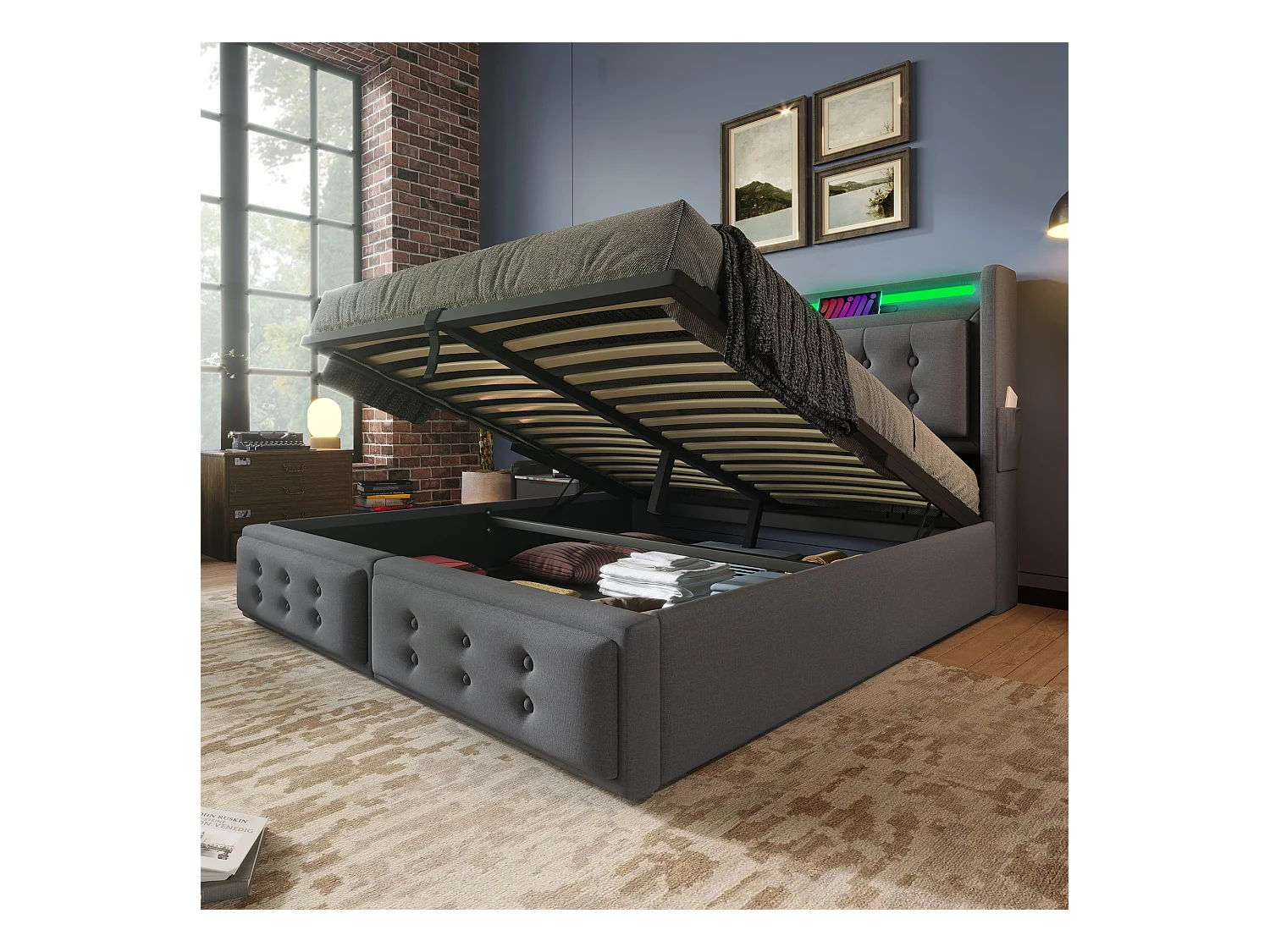 Polsterbett 180 x 200 cm, Doppelbett mit LED-Kopfteil und USB-C-Ladefunktion