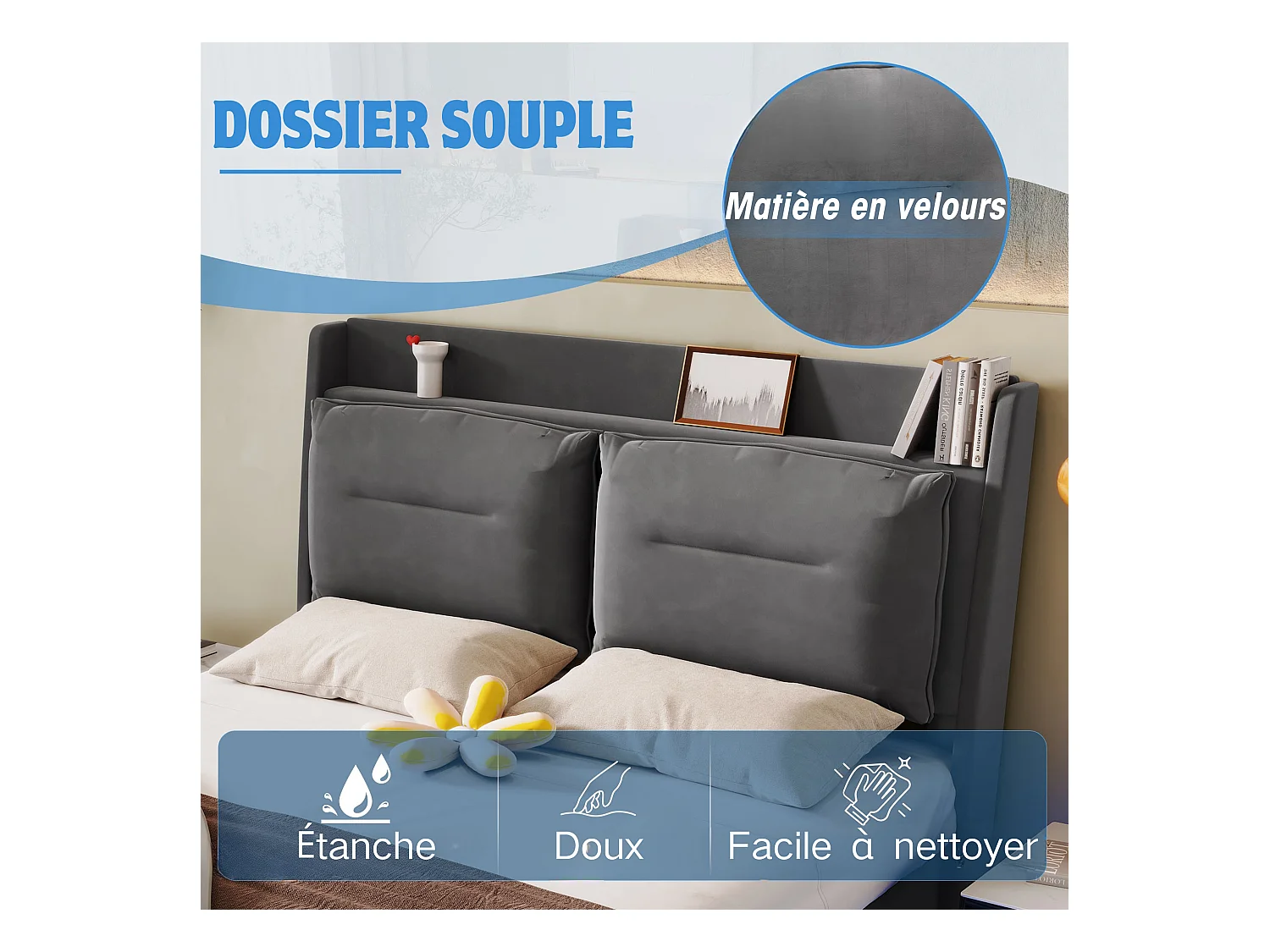 Lit capitonné lumineux LED,140*190cm,tiroirs de rangement 2 en 1 en bout de lit