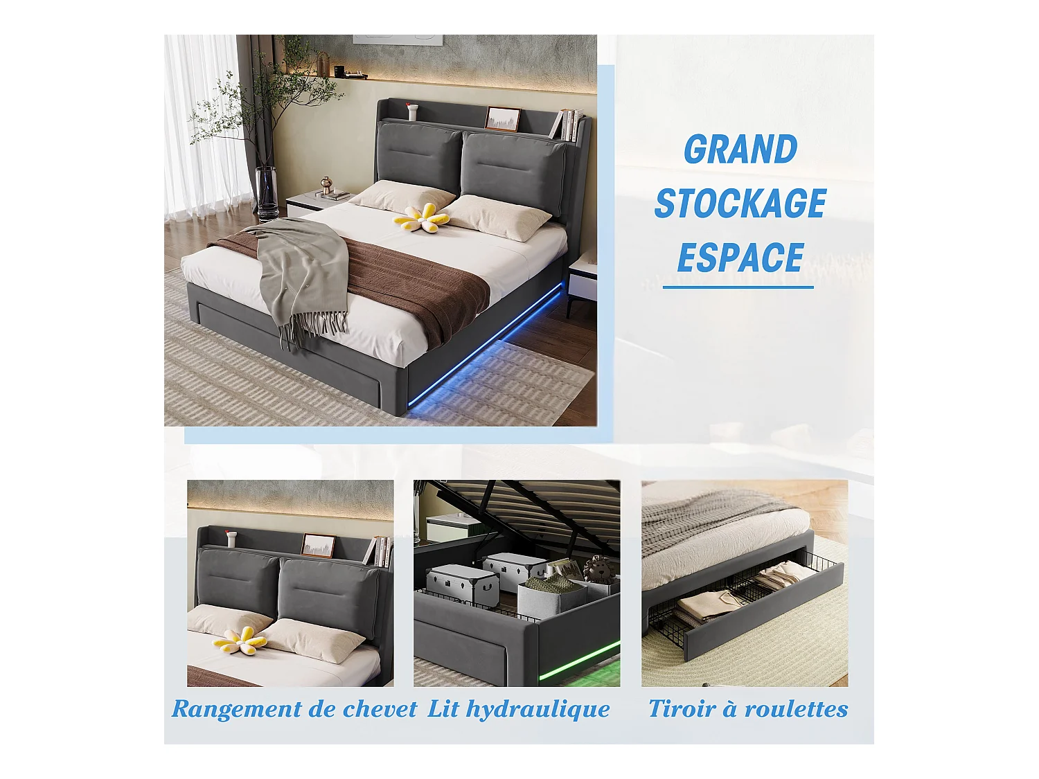 Lit capitonné lumineux LED,140*190cm,tiroirs de rangement 2 en 1 en bout de lit