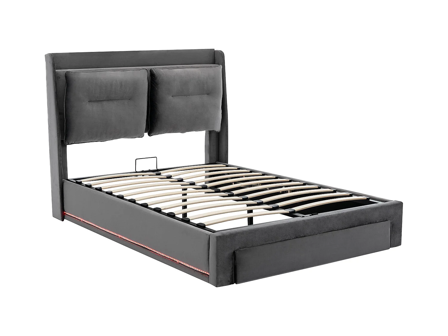 Gepolstertes Bett mit LED-Beleuchtung, 140 x 190 cm, 2-in-1-Schubladen am Fußende