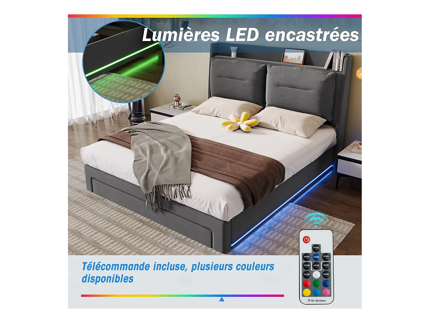 Gepolstertes Bett mit LED-Beleuchtung, 140 x 190 cm, 2-in-1-Schubladen am Fußende
