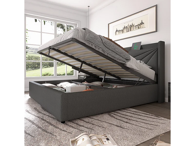 Letto matrimoniale imbottito con vano contenitore e funzione di ricarica USB Type-C,160 x 200 cm