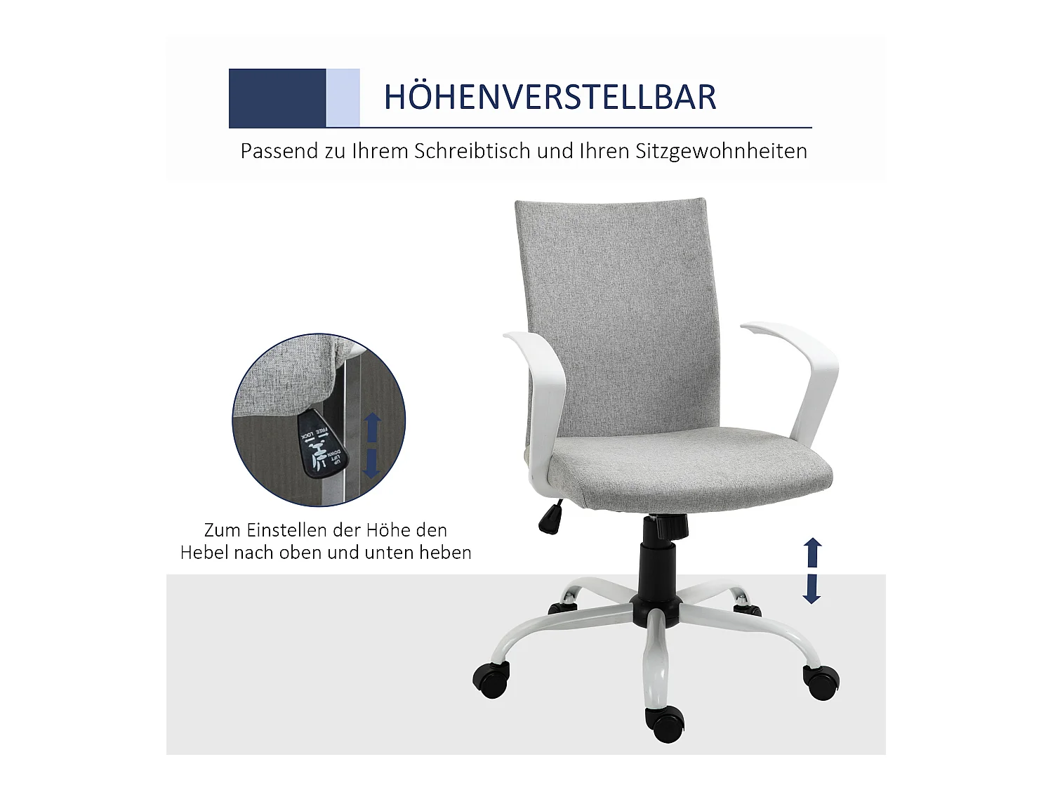 Ergonomischer Bürostuhl, höhenverstellbar, Wippfunktion, 360° drehbar, grau