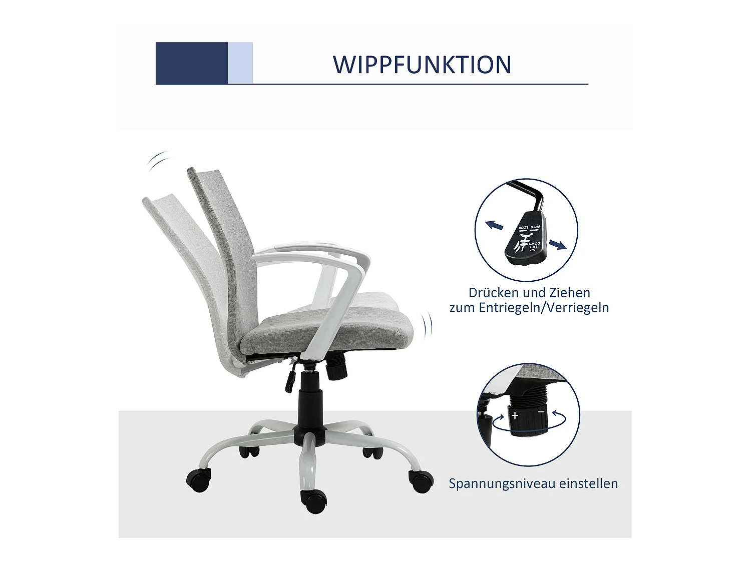 Ergonomischer Bürostuhl, höhenverstellbar, Wippfunktion, 360° drehbar, grau