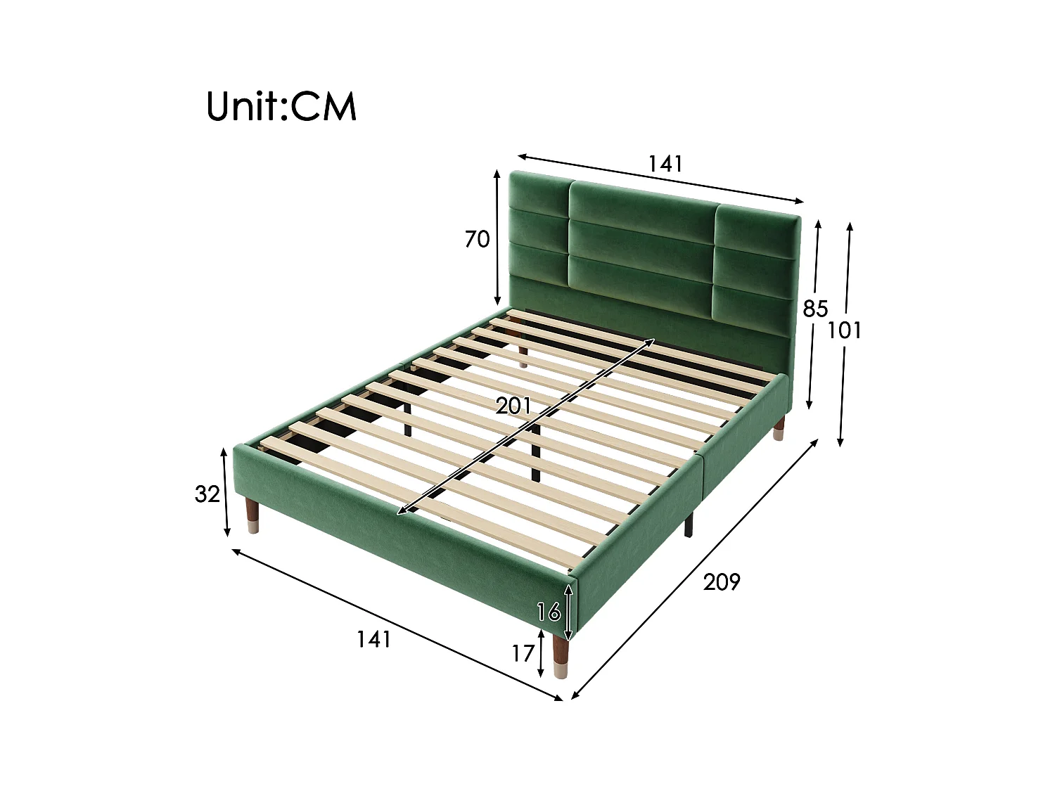 Gepolstertes Doppelbett mit Lattenrost, gepolsterter Bettrahmen 140 x 200 cm, grün
